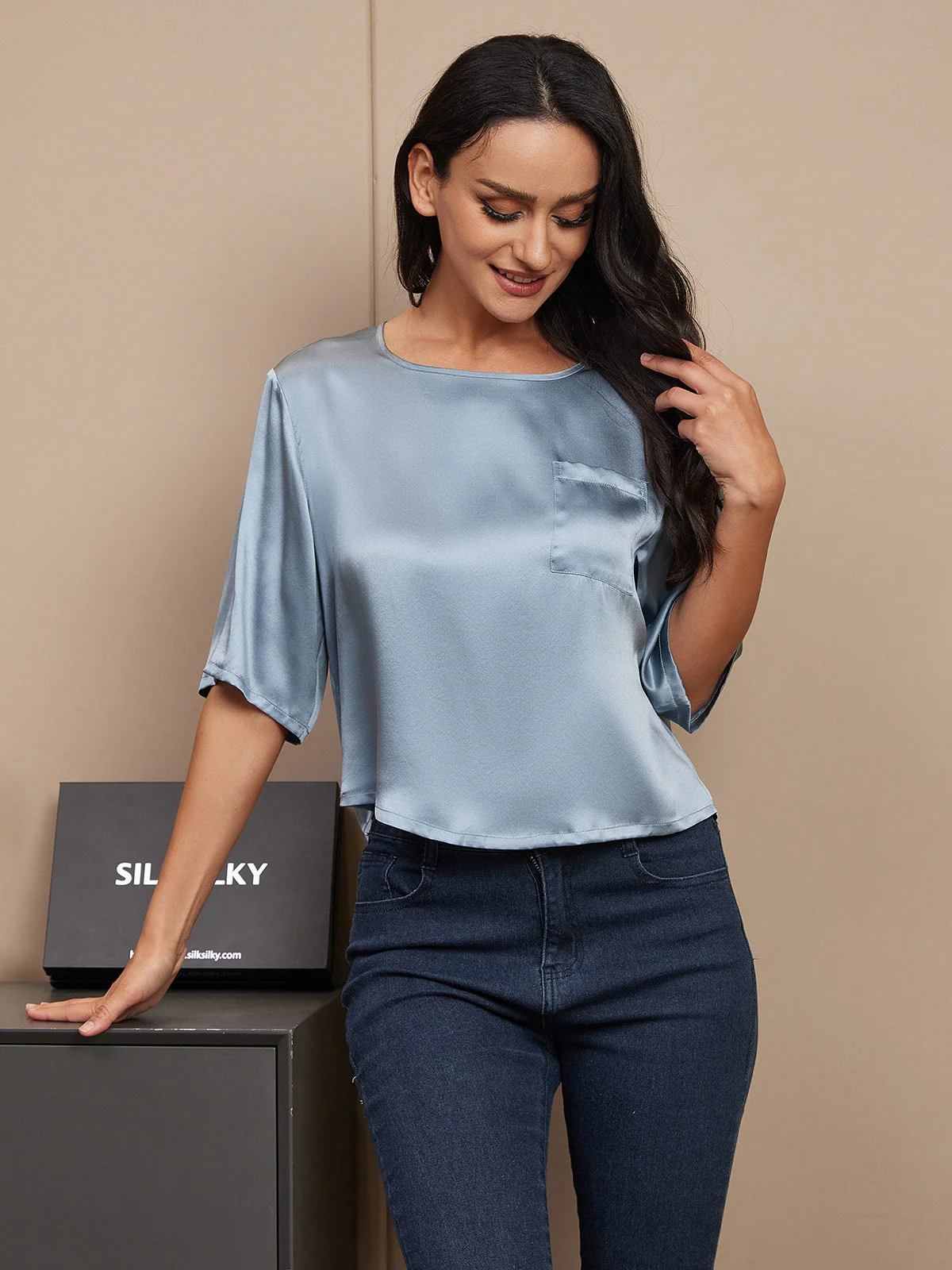 Pure Silk Half Sleeve U Neck Women's T-Shirt - Image 42