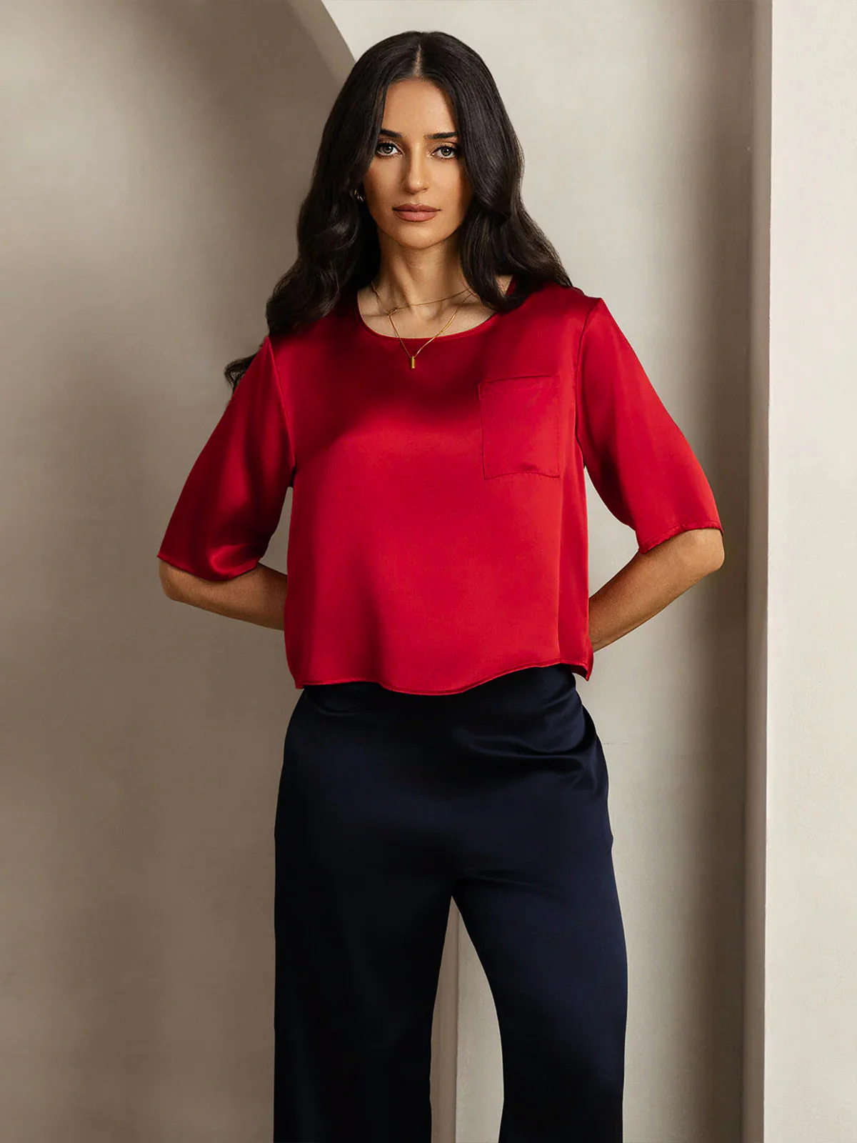 Pure Silk Half Sleeve U Neck Women's T-Shirt - Image 47