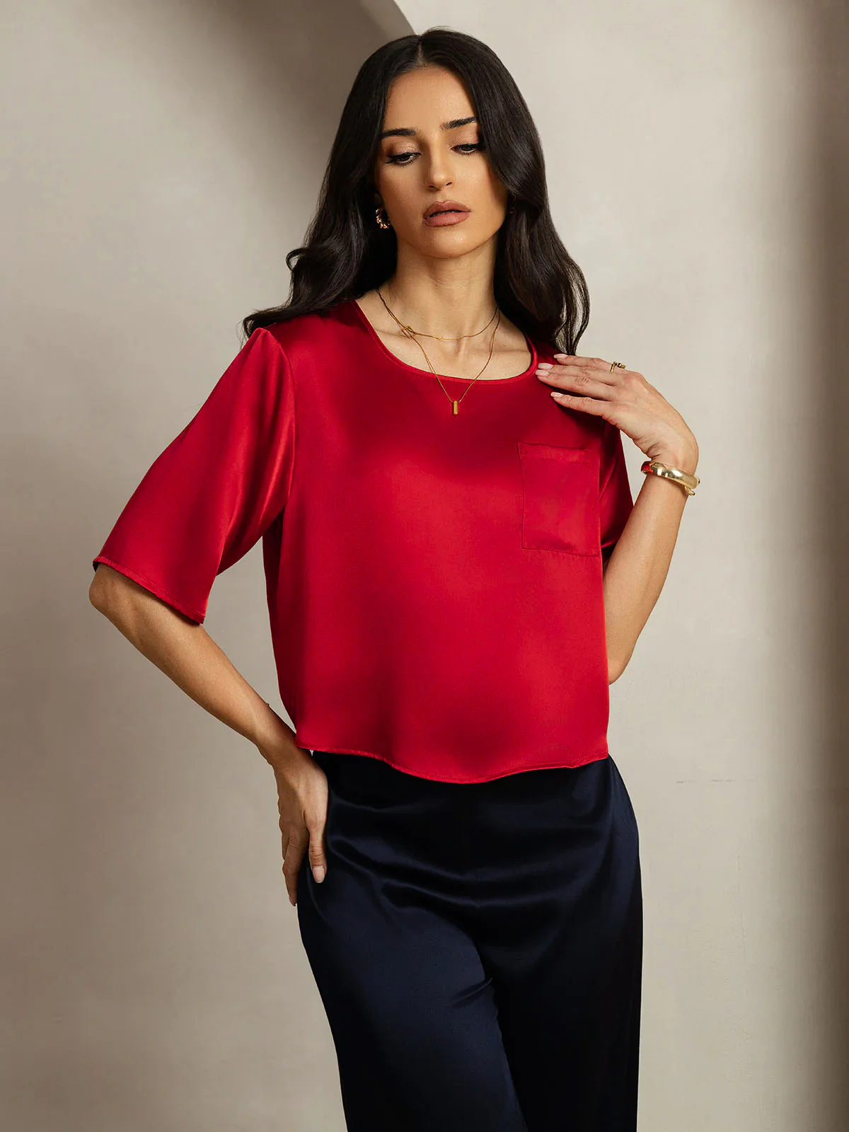 Pure Silk Half Sleeve U Neck Women's T-Shirt - Image 51