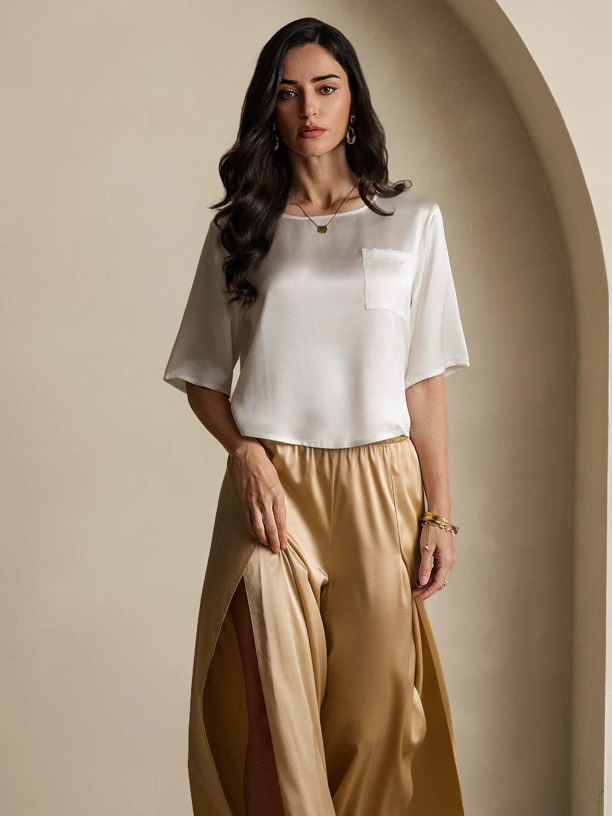 Pure Silk Half Sleeve U Neck Women's T-Shirt - Image 7