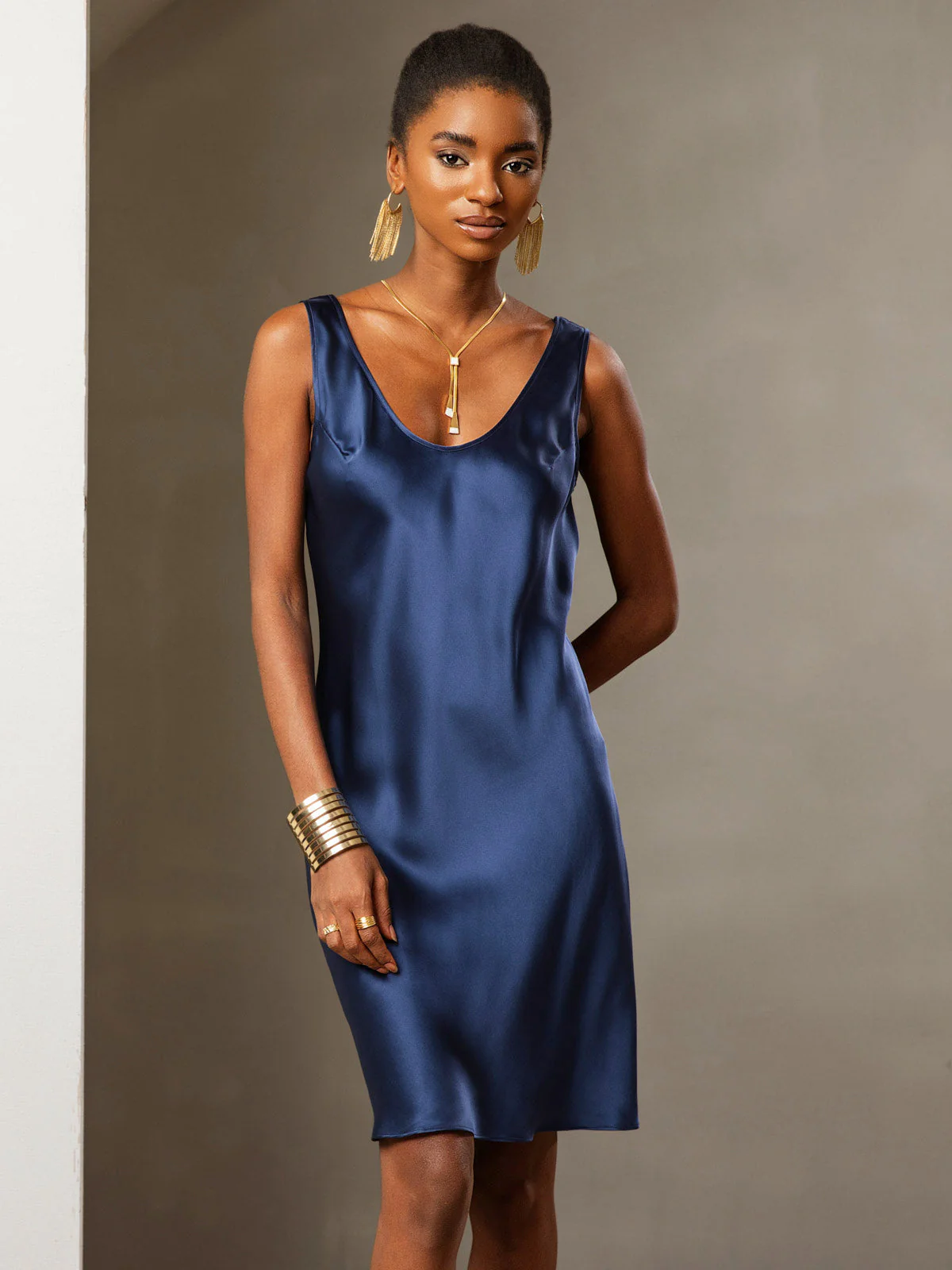 Pure Silk Sleeveless U Neck Short Dress - Image 24
