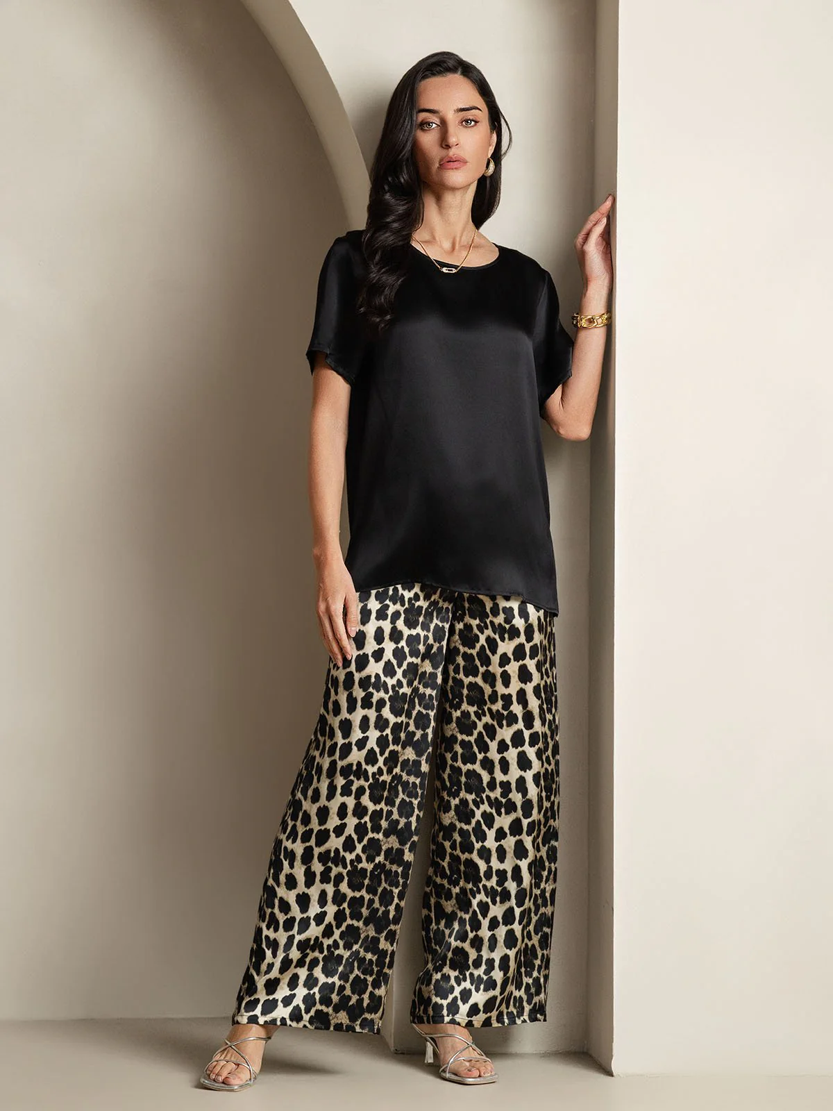 Women's Pure Silk Short Sleeve Round Neck Solid Top & Leopard Print Pants Pajamas Set - Image 6