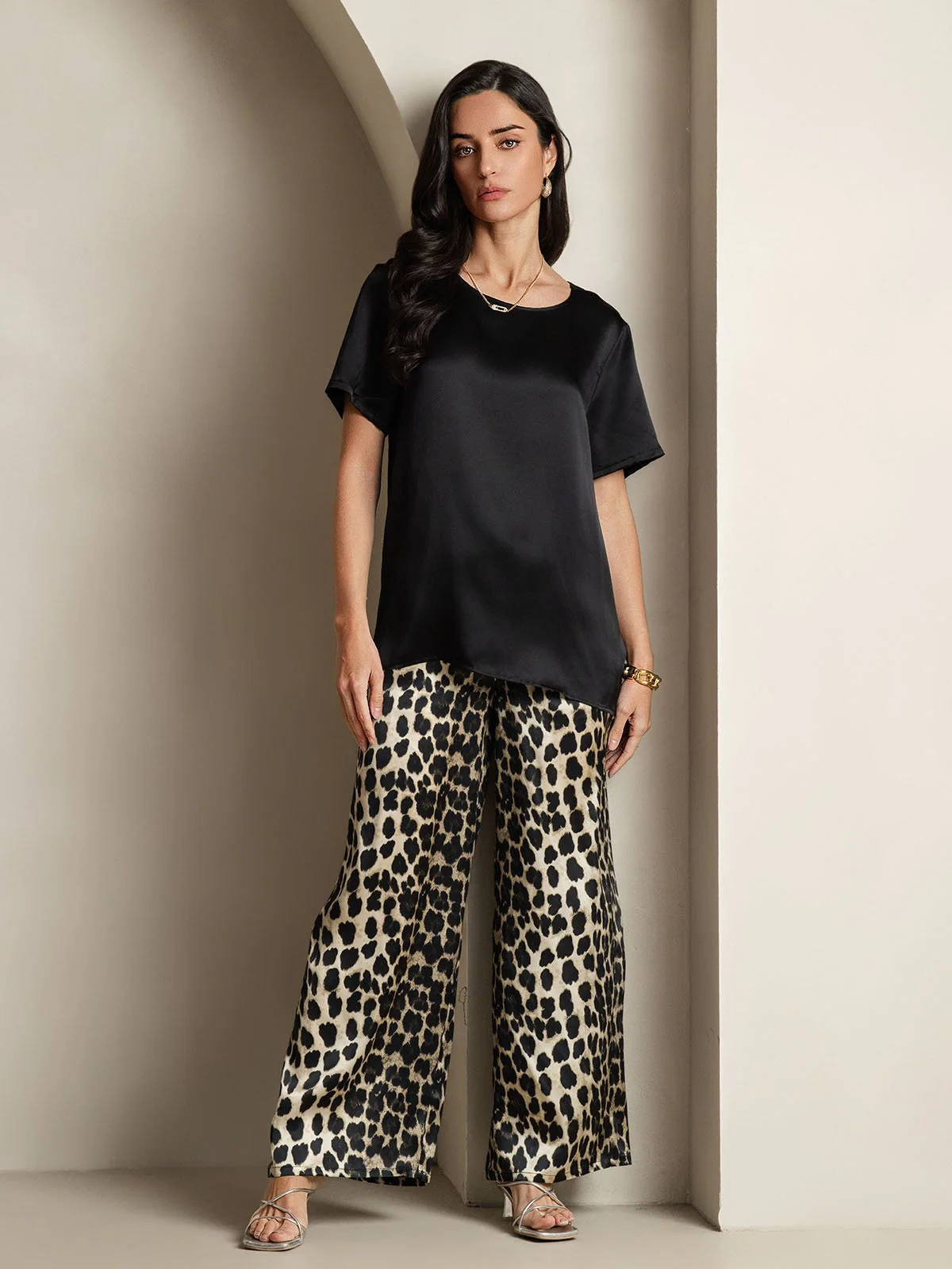Women's Pure Silk Short Sleeve Round Neck Solid Top & Leopard Print Pants Pajamas Set - Image 7