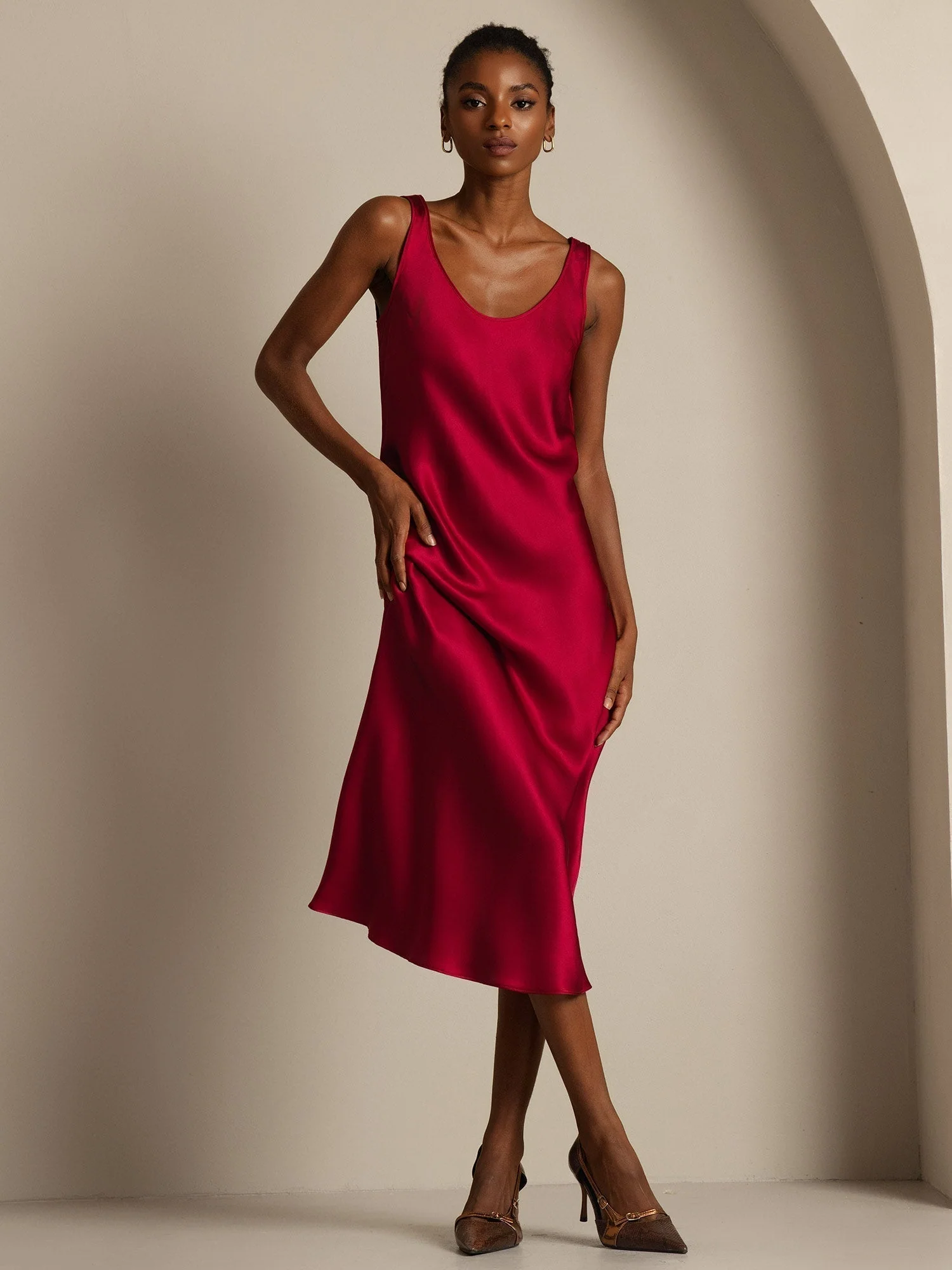 Pure Silk Sleeveless U Neck Midi Dress - Image 13