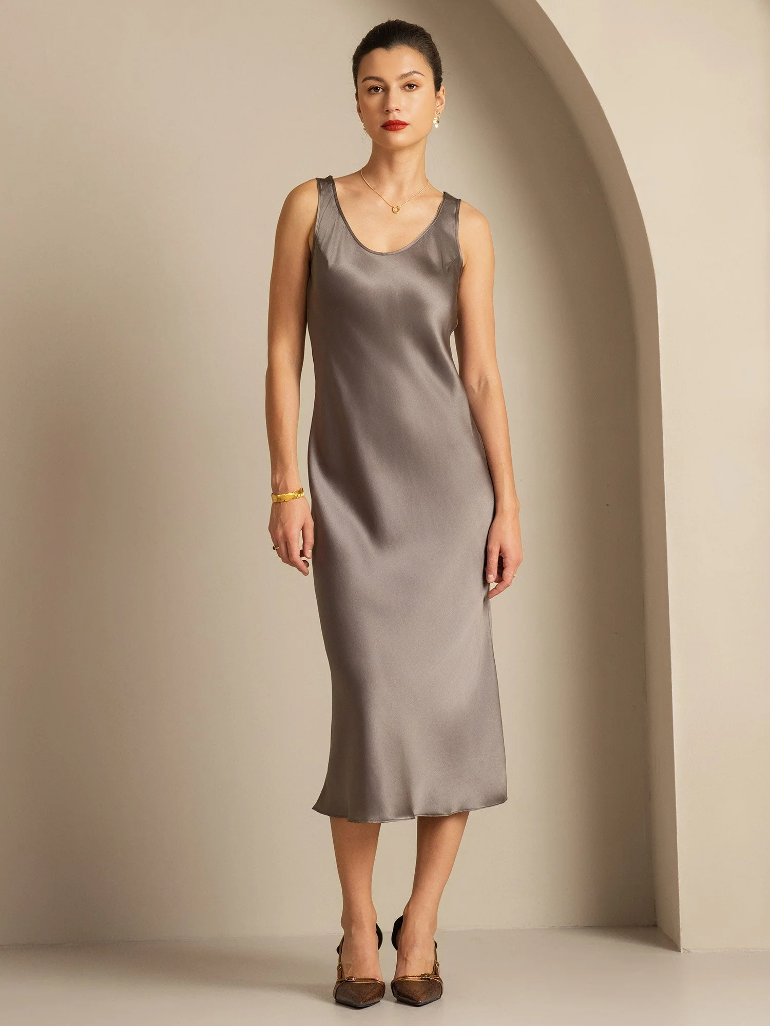 Pure Silk Sleeveless U Neck Midi Dress - Image 14