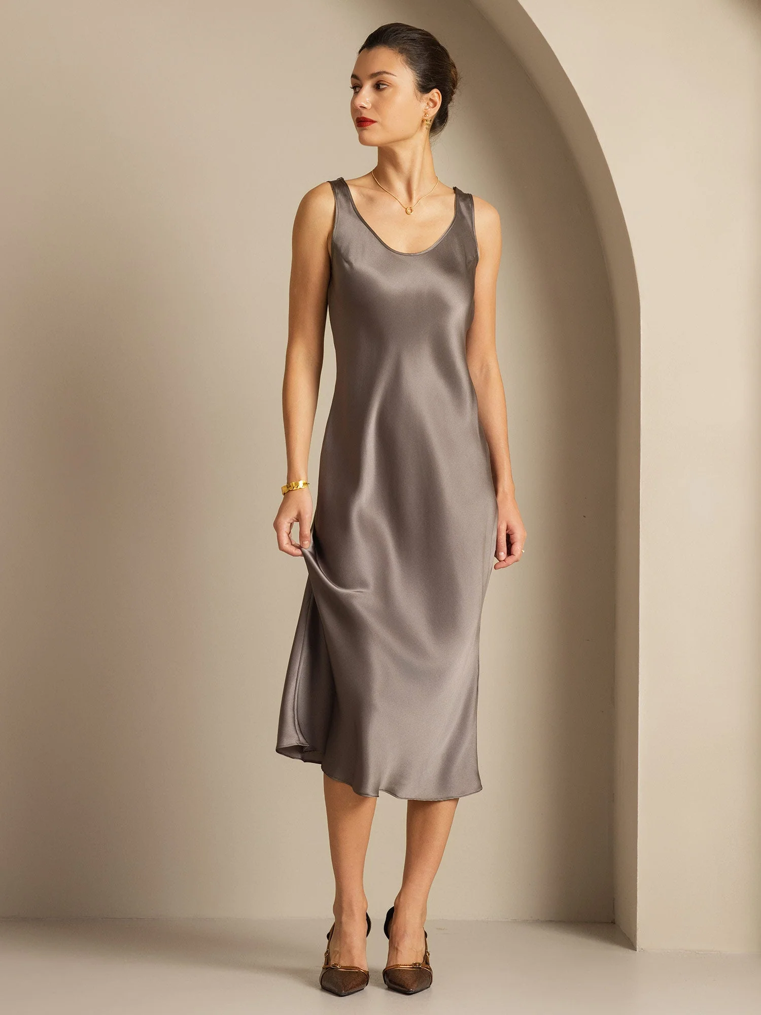 Pure Silk Sleeveless U Neck Midi Dress - Image 18