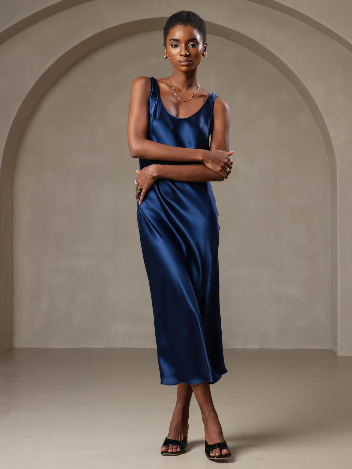 Pure Silk Sleeveless U Neck Midi Dress - Image 27