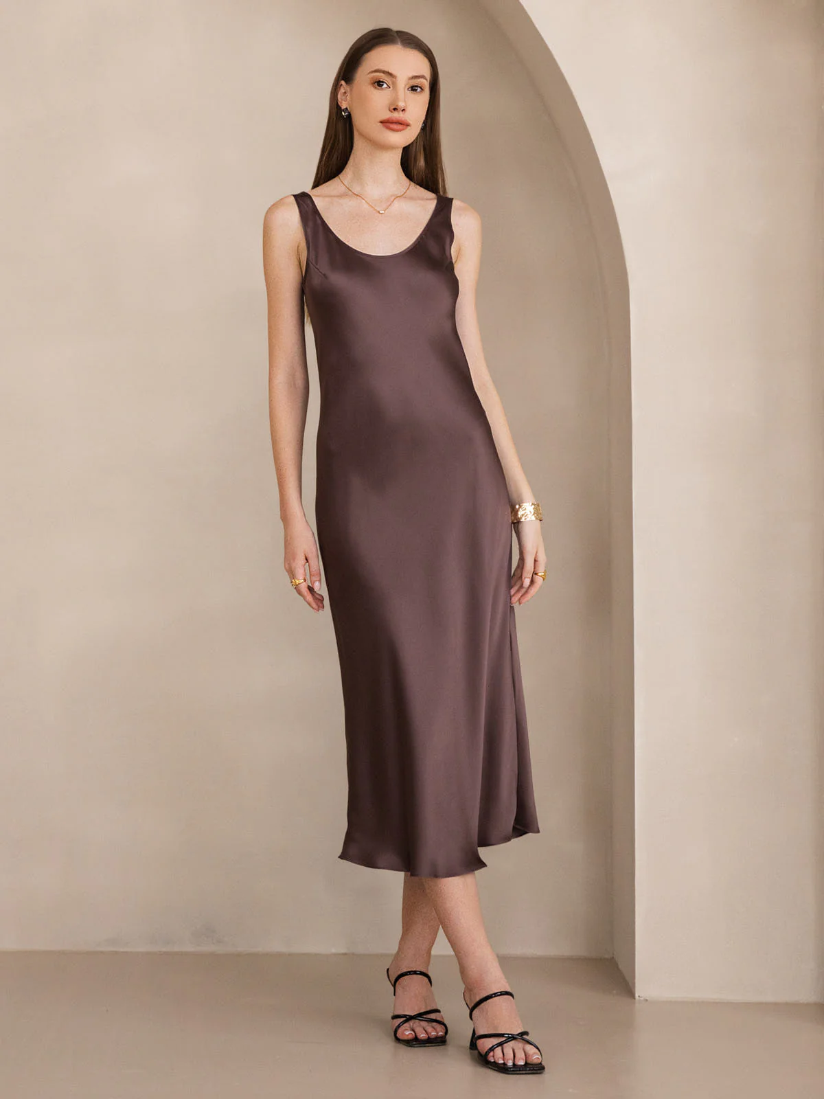 Pure Silk Sleeveless U Neck Midi Dress - Image 33
