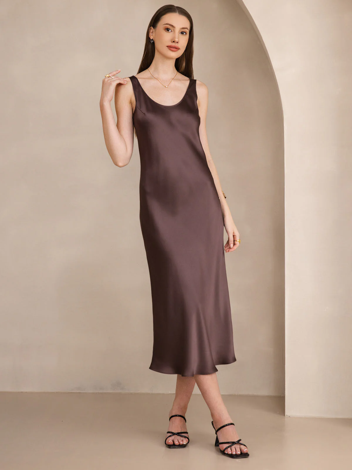 Pure Silk Sleeveless U Neck Midi Dress - Image 37