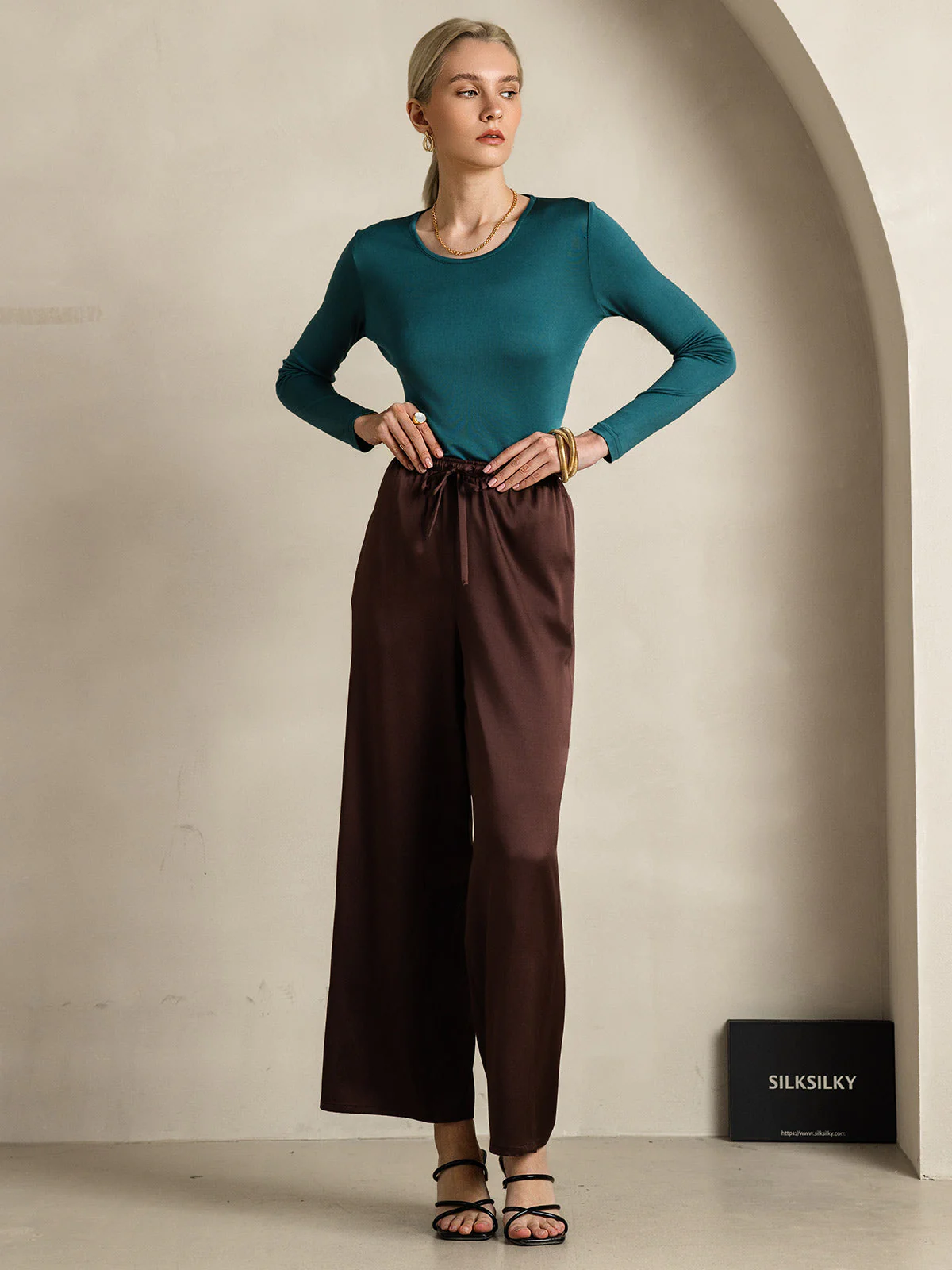 Women's Pure Silk Wide Leg Pants - Image 58