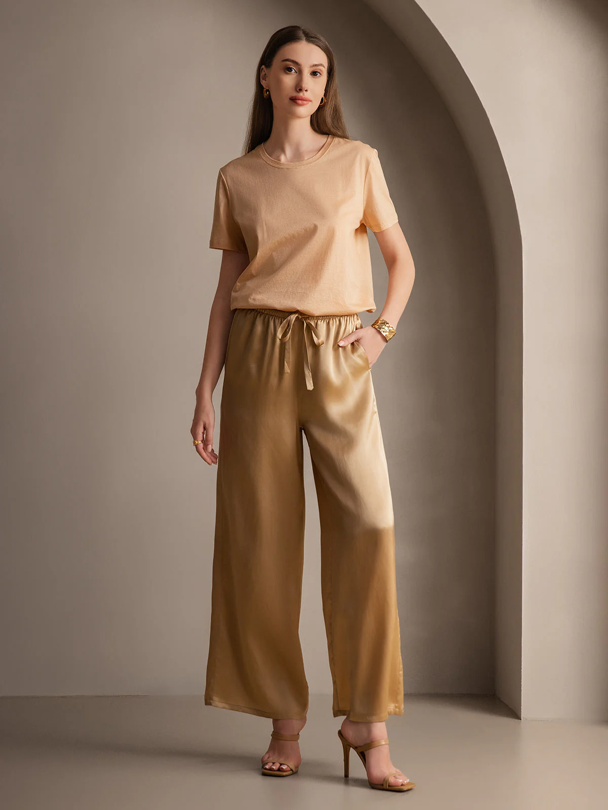 Pure Silk Wide Leg Women's Pants with Elastic Waist Design - Image 14