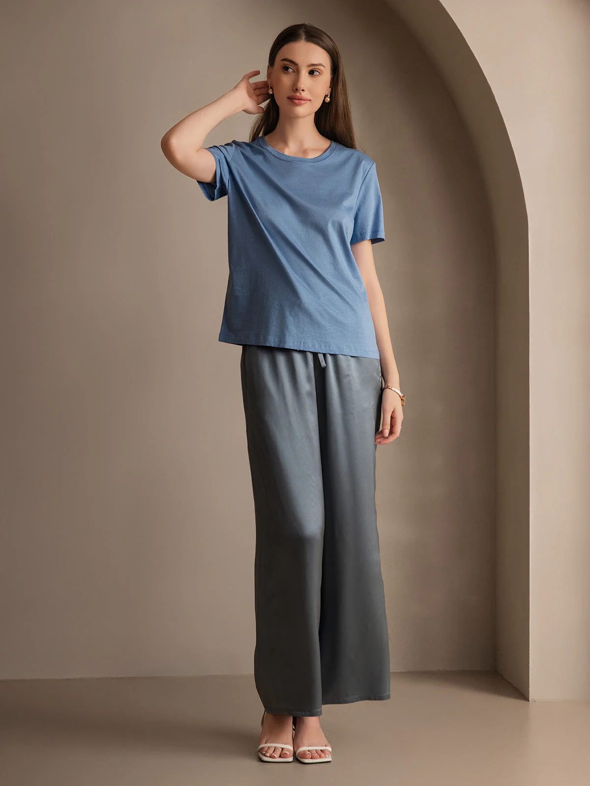 Pure Silk Wide Leg Women's Pants with Elastic Waist Design - Image 17