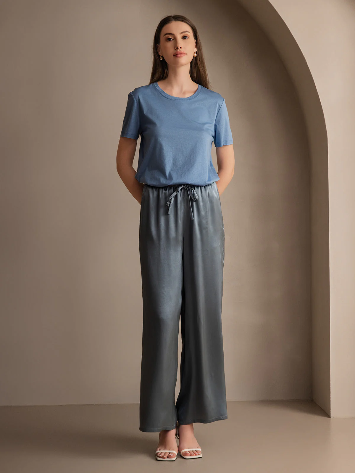 Pure Silk Wide Leg Women's Pants with Elastic Waist Design - Image 21