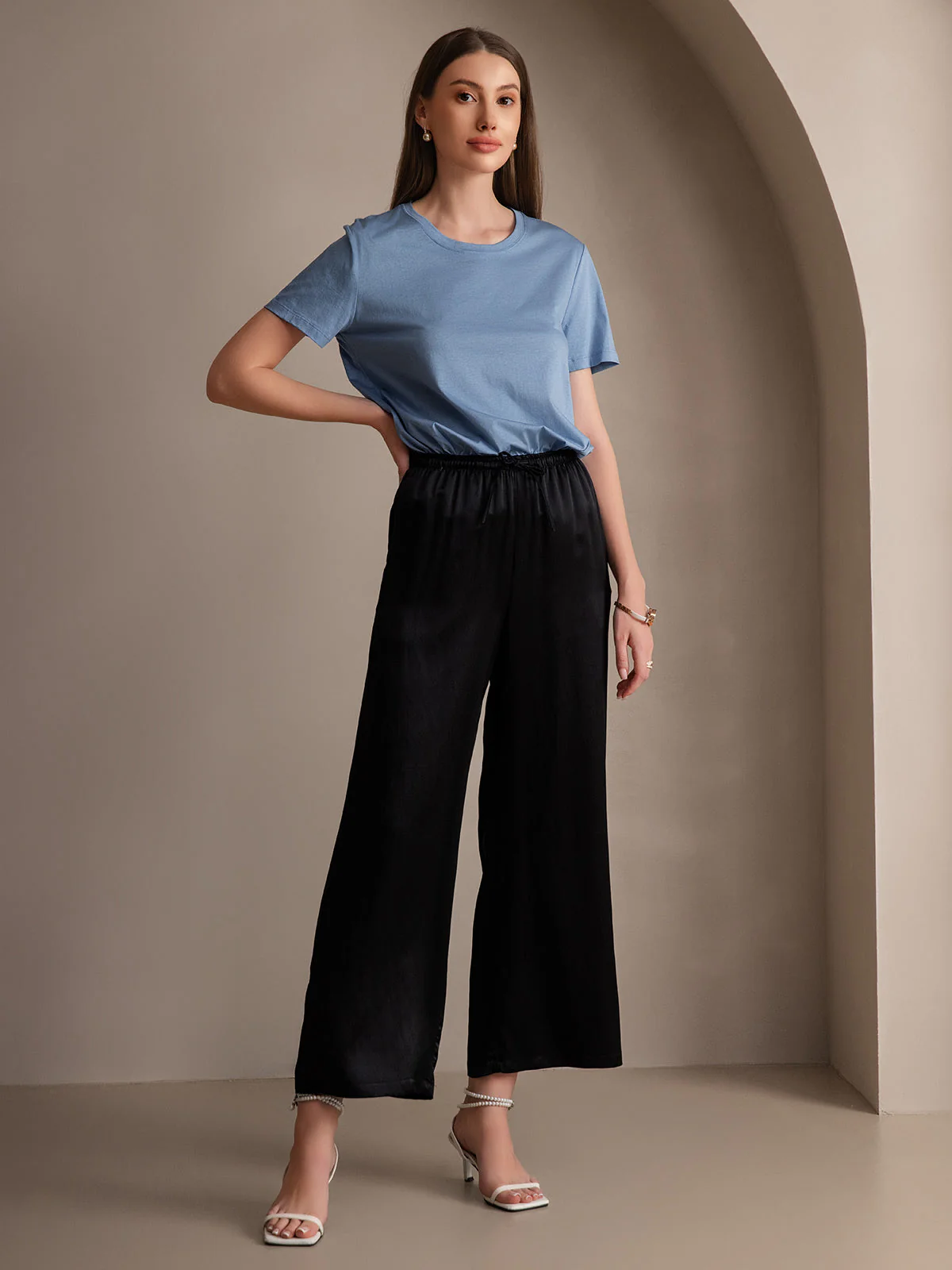 Pure Silk Wide Leg Women's Pants with Elastic Waist Design - Image 24