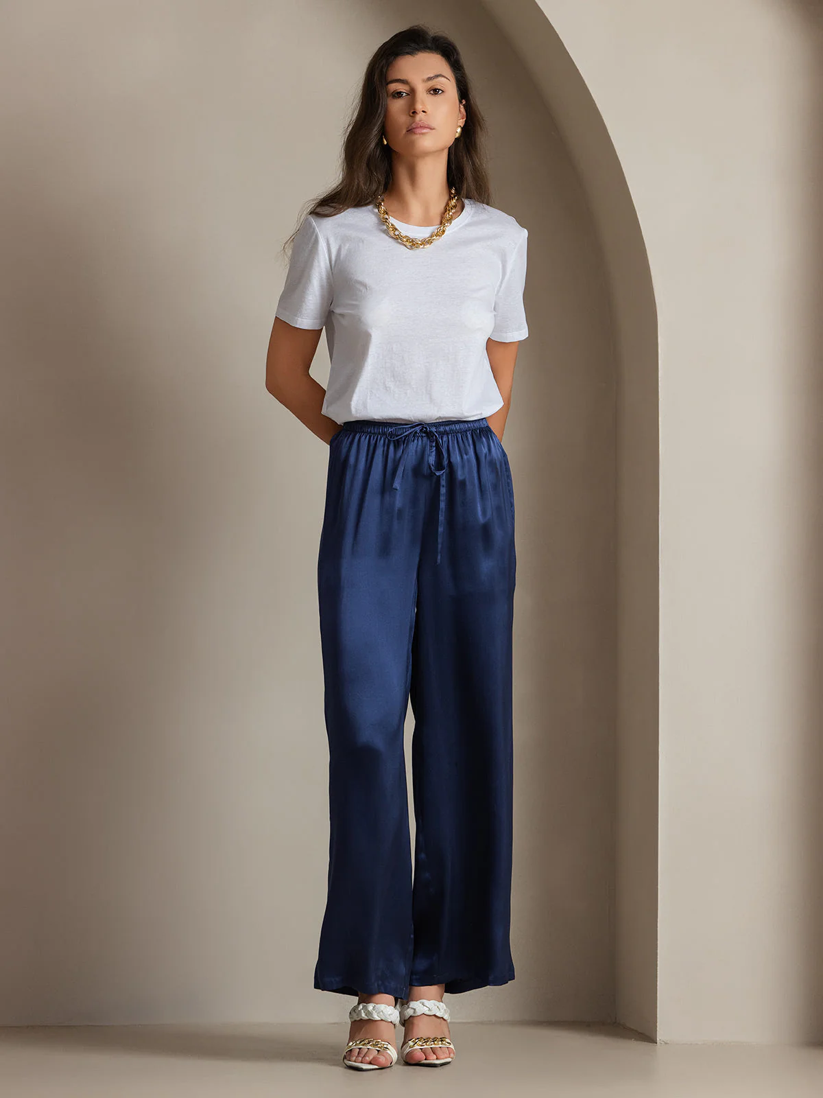 Pure Silk Wide Leg Women's Pants with Elastic Waist Design - Image 33