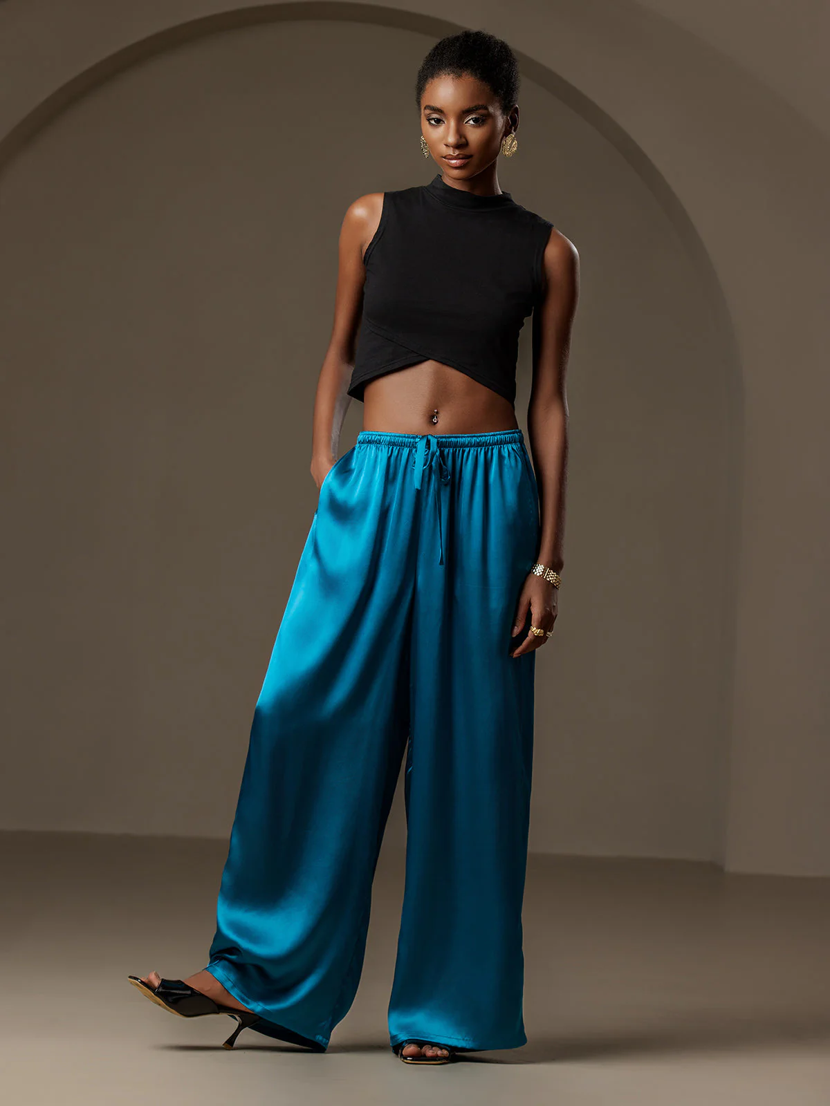 Pure Silk Wide Leg Women's Pants with Elastic Waist Design - Image 37