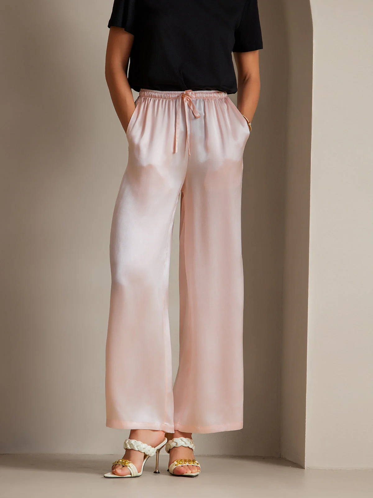 Pure Silk Wide Leg Women's Pants with Elastic Waist Design - Image 40