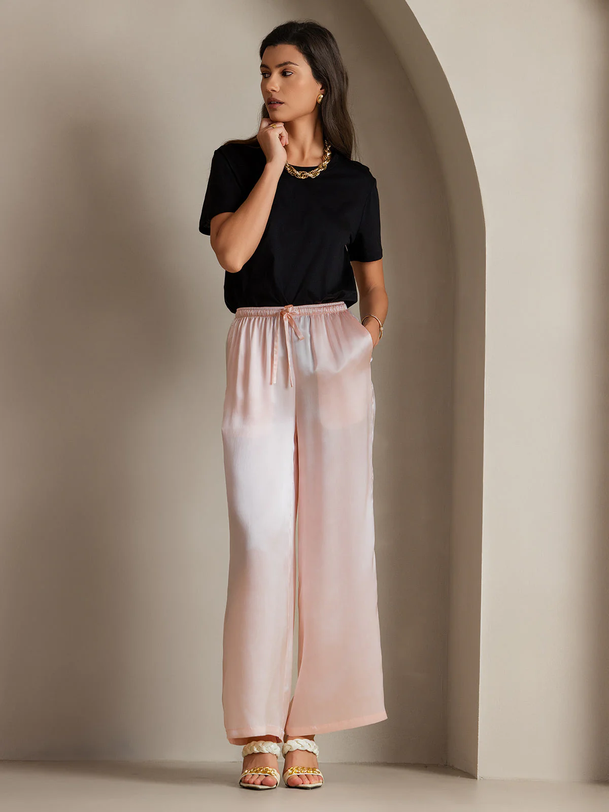 Pure Silk Wide Leg Women's Pants with Elastic Waist Design - Image 43
