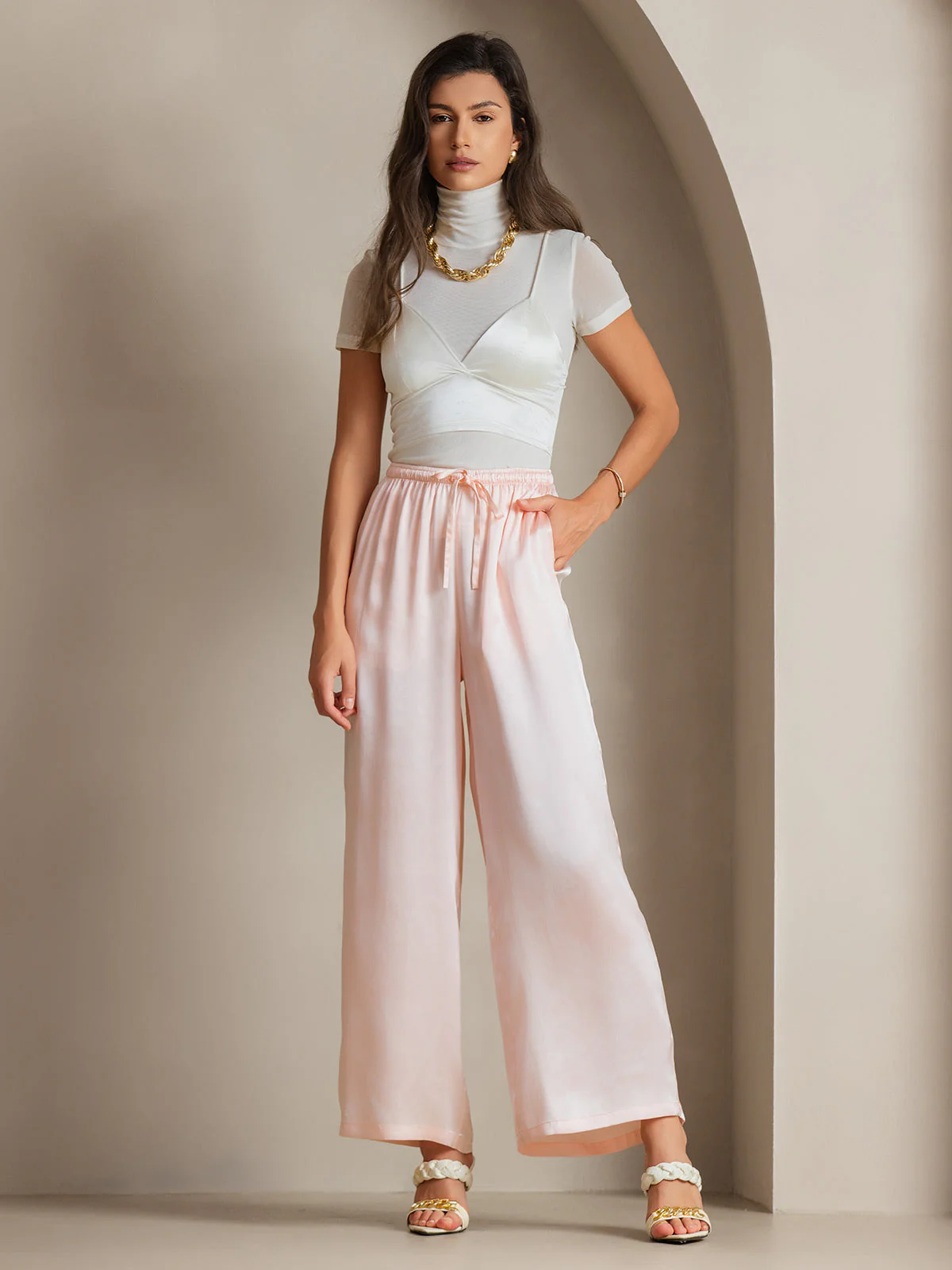 Pure Silk Wide Leg Women's Pants with Elastic Waist Design - Image 44