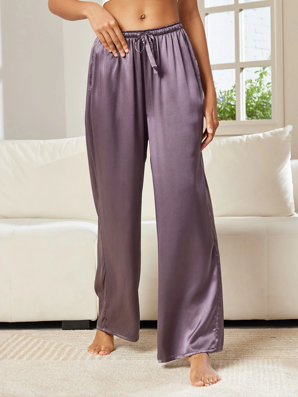 Pure Silk Wide Leg Women's Pants with Elastic Waist Design - Image 56
