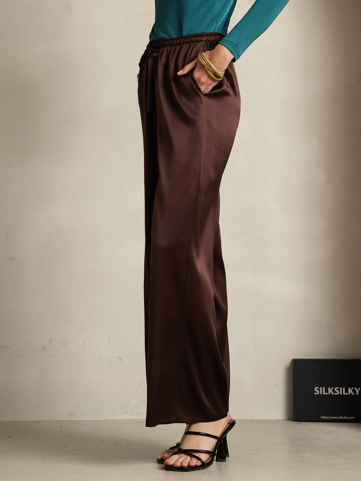 Pure Silk Wide Leg Women's Pants with Elastic Waist Design - Image 67