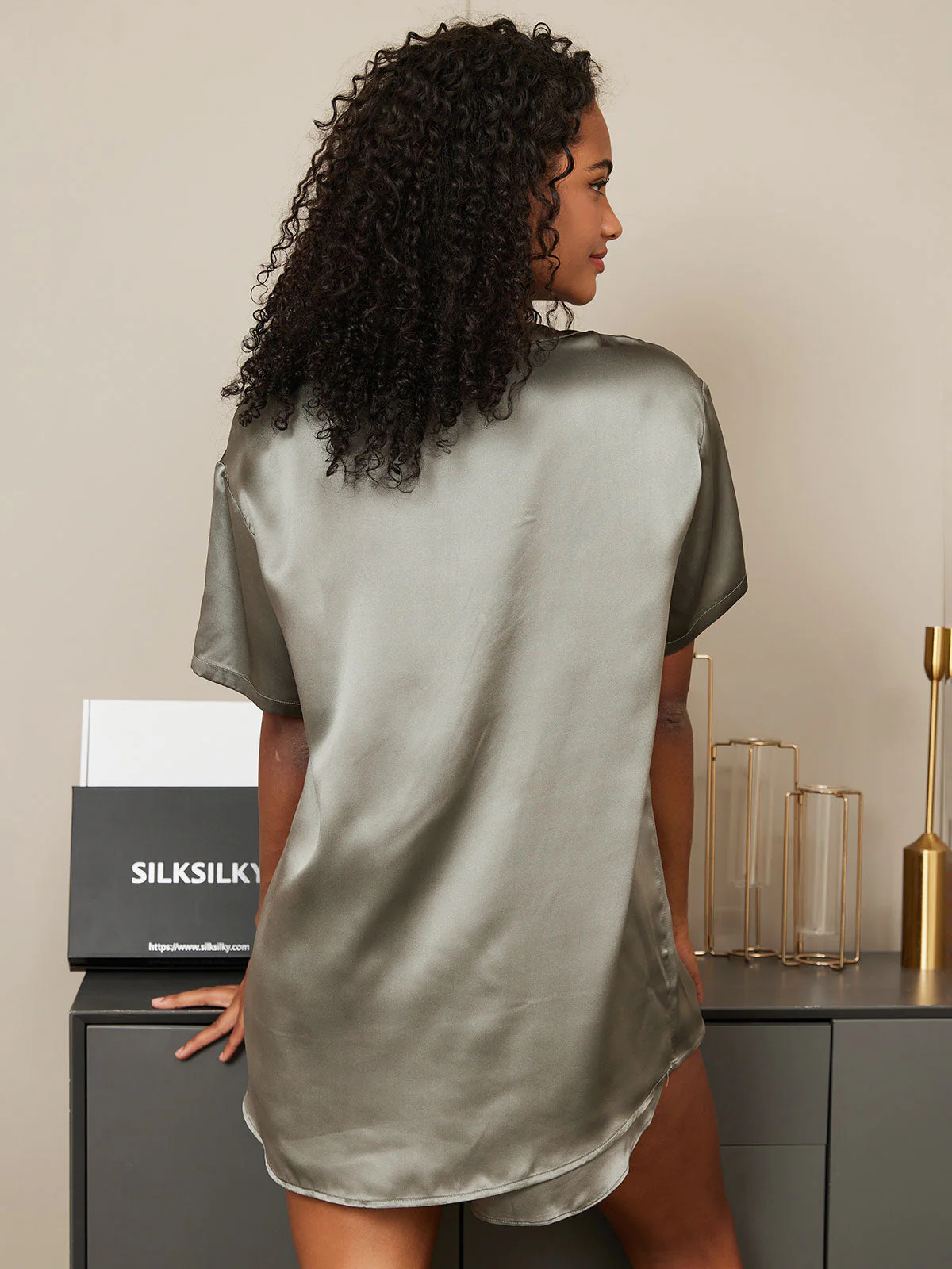 Pure Silk Short Sleeve Round Neck Womens Sleep Tee (Shorts Not Included) - Image 2