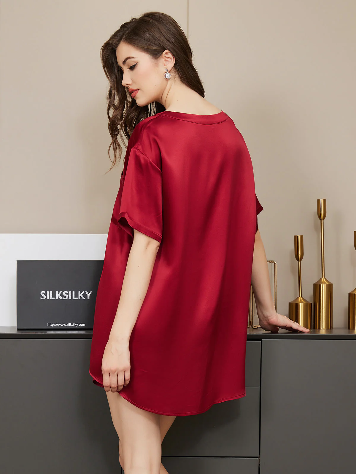 Pure Silk Short Sleeve Round Neck Womens Sleep Tee (Shorts Not Included) - Image 22