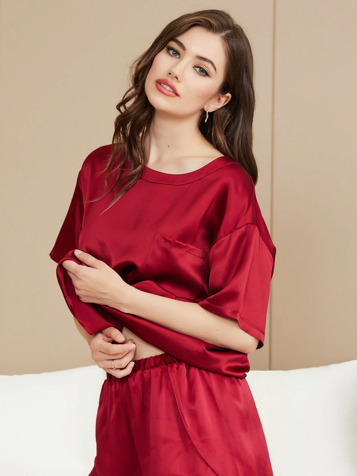 Pure Silk Short Sleeve Round Neck Womens Sleep Tee (Shorts Not Included) - Image 23