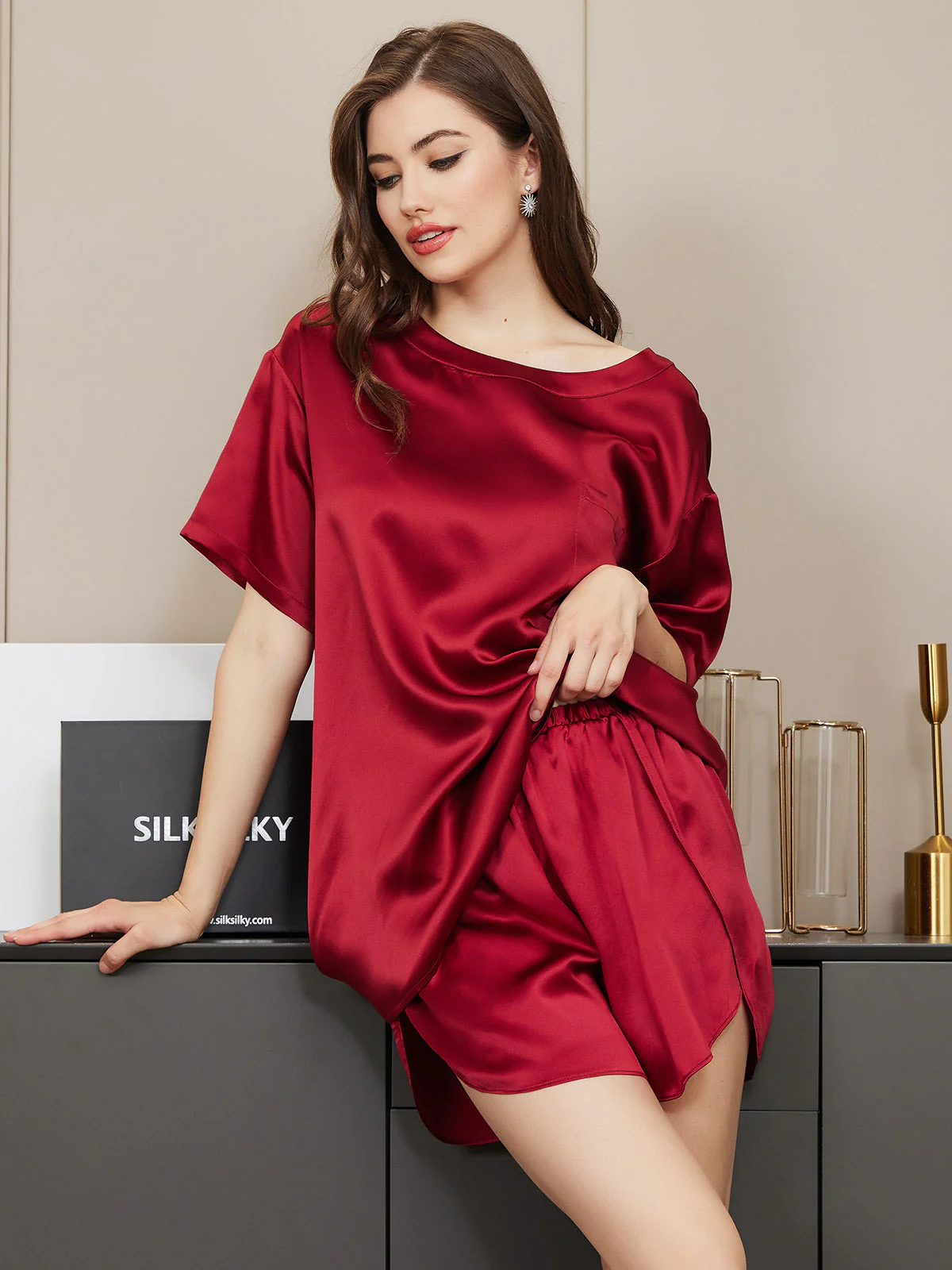 Pure Silk Short Sleeve Round Neck Womens Sleep Tee (Shorts Not Included) - Image 25