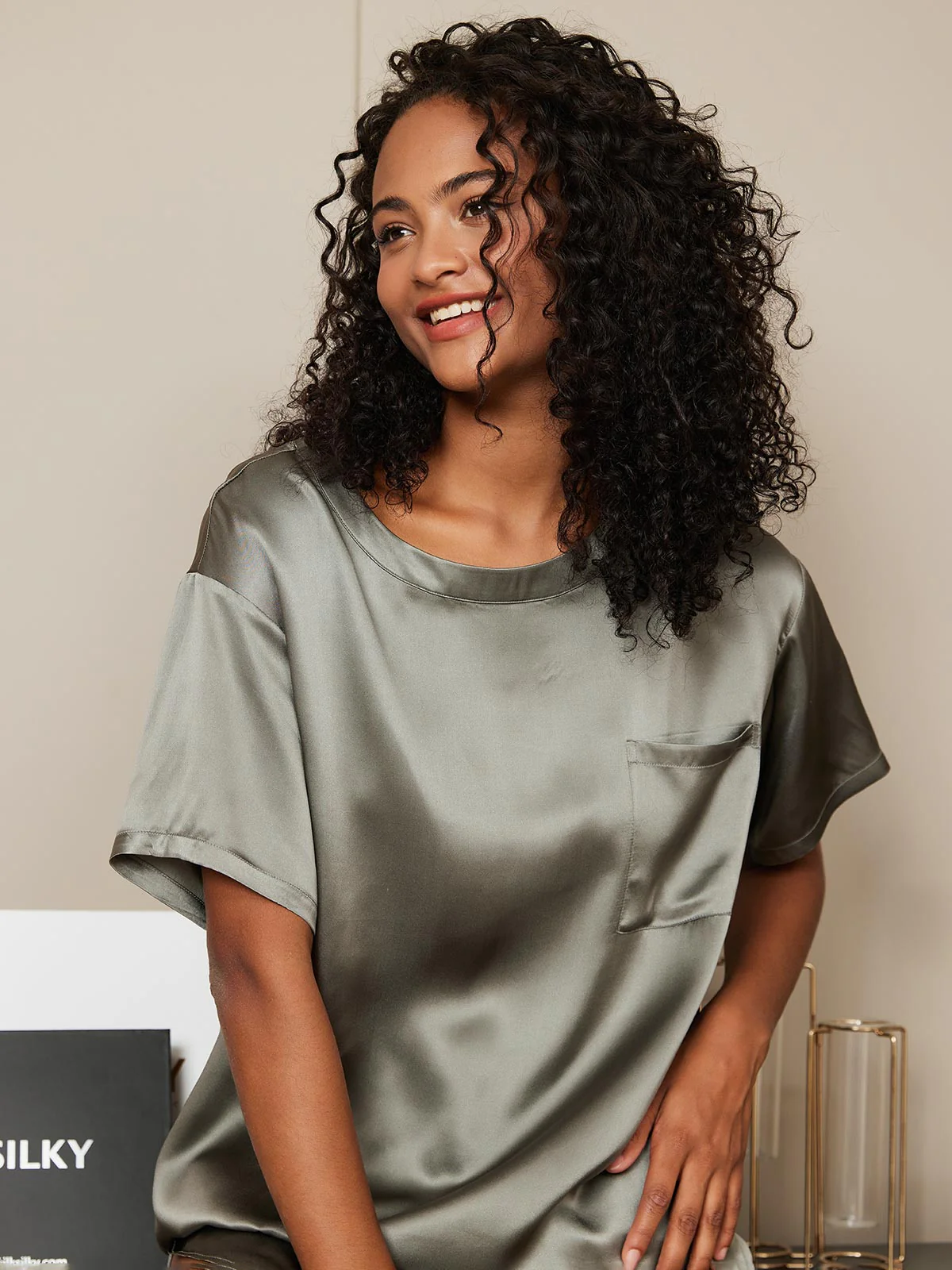 Pure Silk Short Sleeve Round Neck Womens Sleep Tee (Shorts Not Included) - Image 3