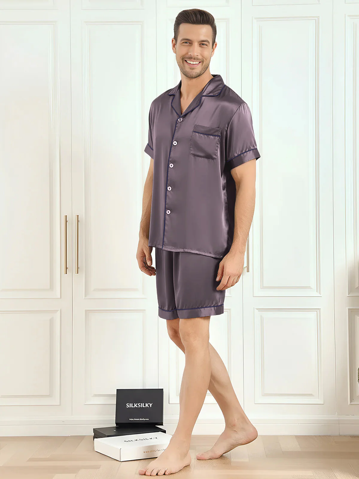 Pure Silk Short Sleeve Notch Collar Men's Pajamas Set with Shorts - Image 28