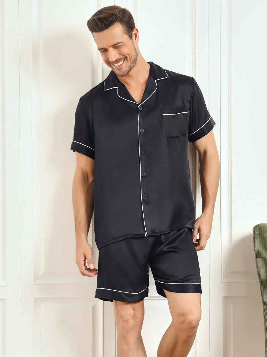 Pure Silk Short Sleeve Notch Collar Men's Pajamas Set with Shorts - Image 6