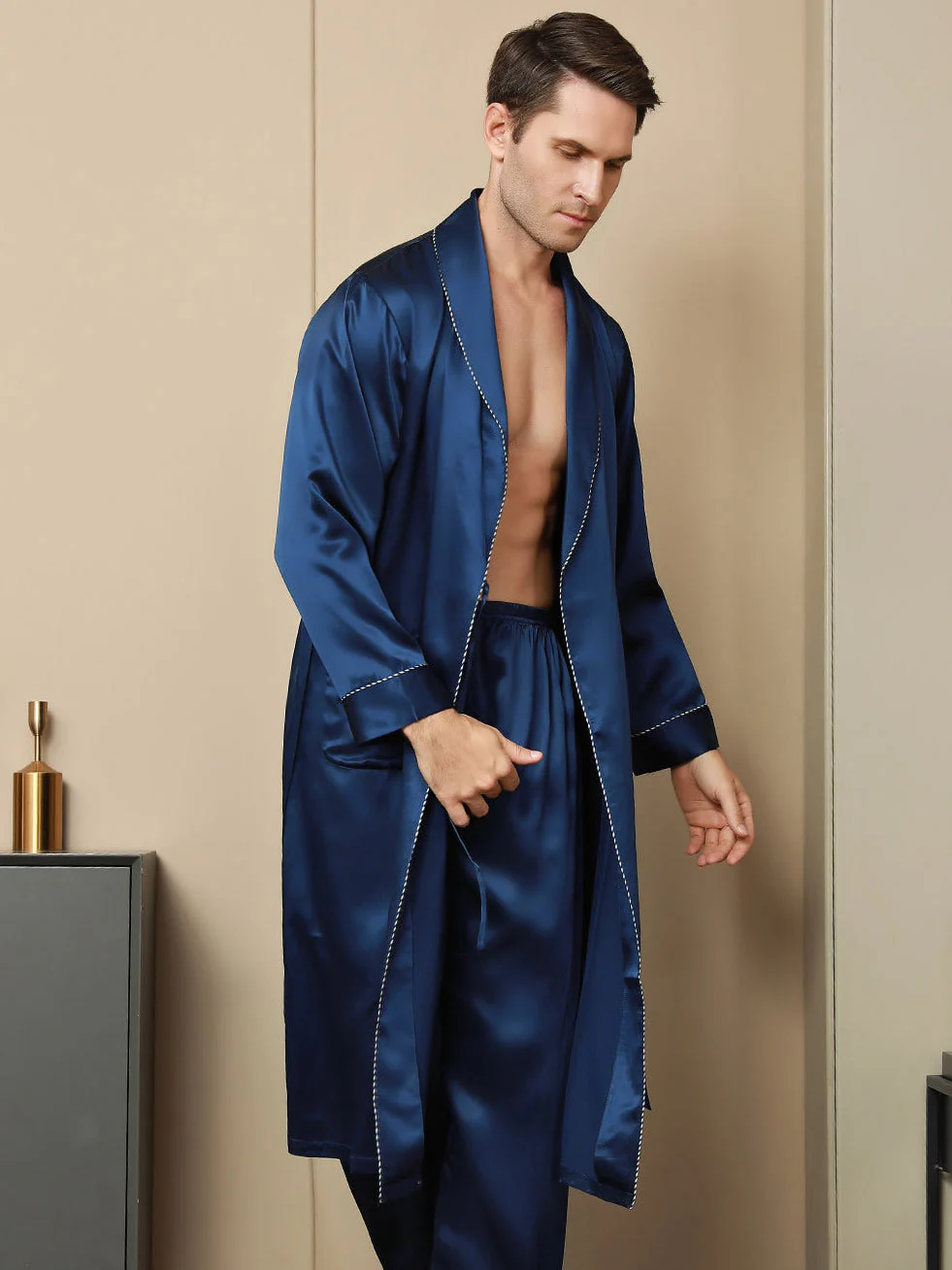 Pure Silk Contrast Piping Belted Robe (Without Pants) - Image 3