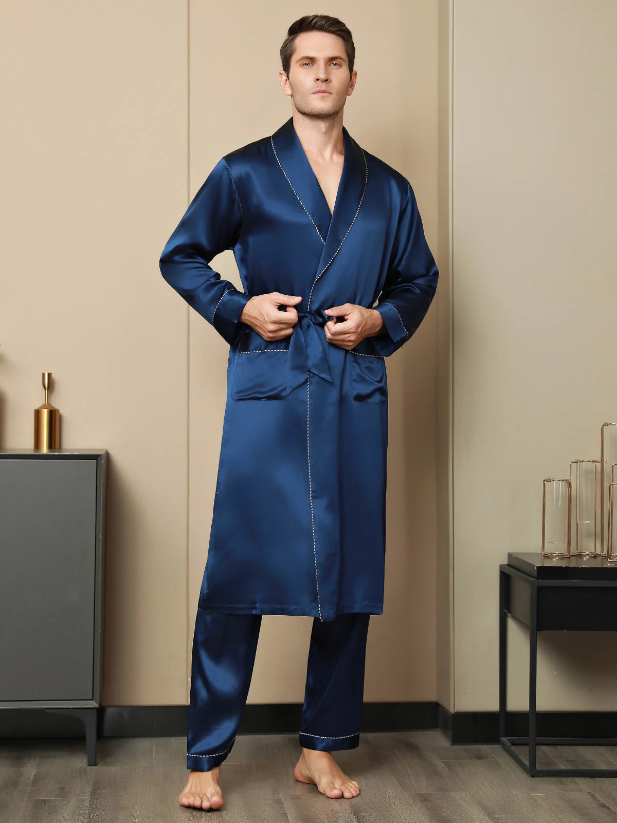 Pure Silk Contrast Piping Belted Robe (Without Pants) - Image 4