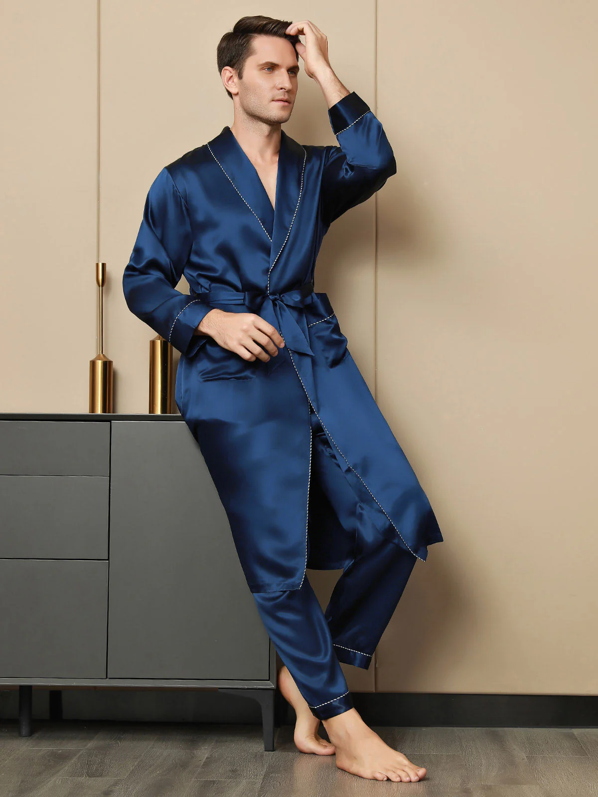 Pure Silk Contrast Piping Belted Robe (Without Pants) - Image 5