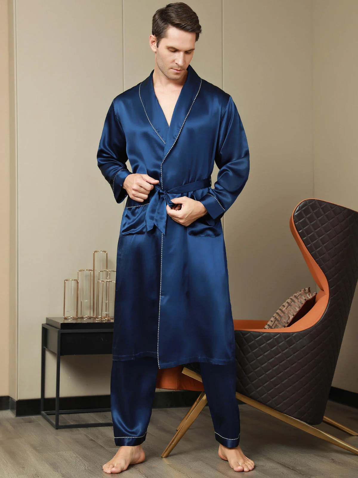 Pure Silk Contrast Piping Belted Robe (Without Pants) - Image 6