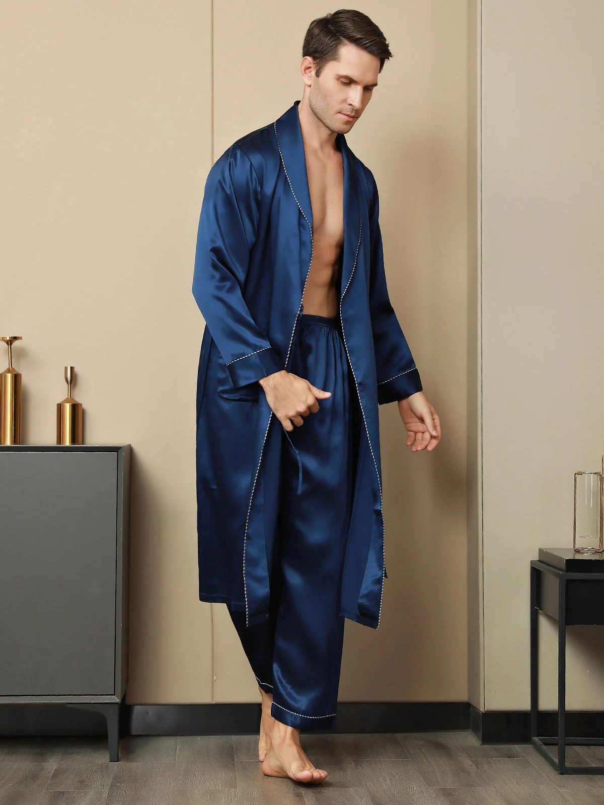 Pure Silk Contrast Piping Belted Robe (Without Pants) - Image 9