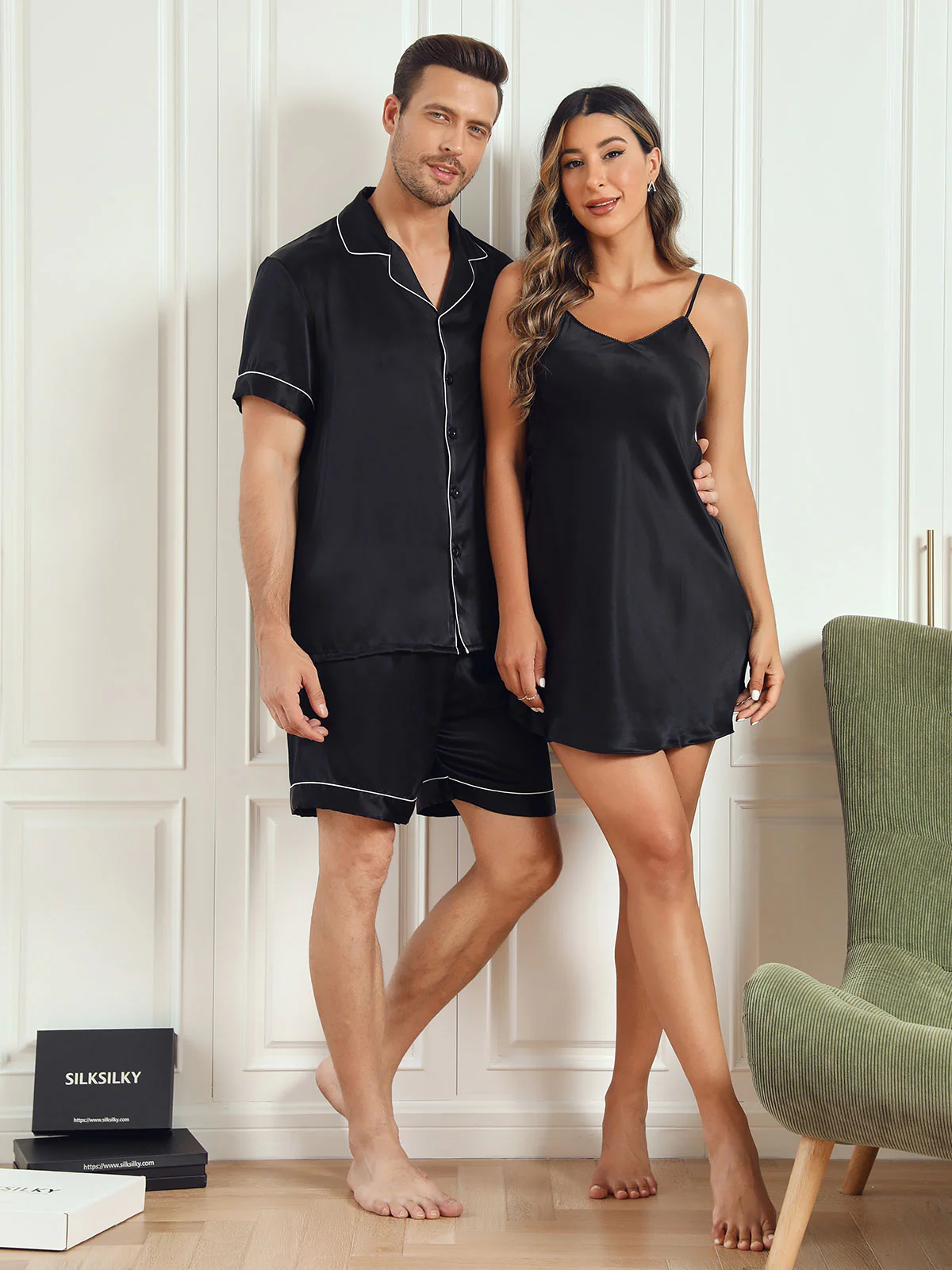 Pure Silk Couple Short Pajama Set & Slip Nightdress - Image 9