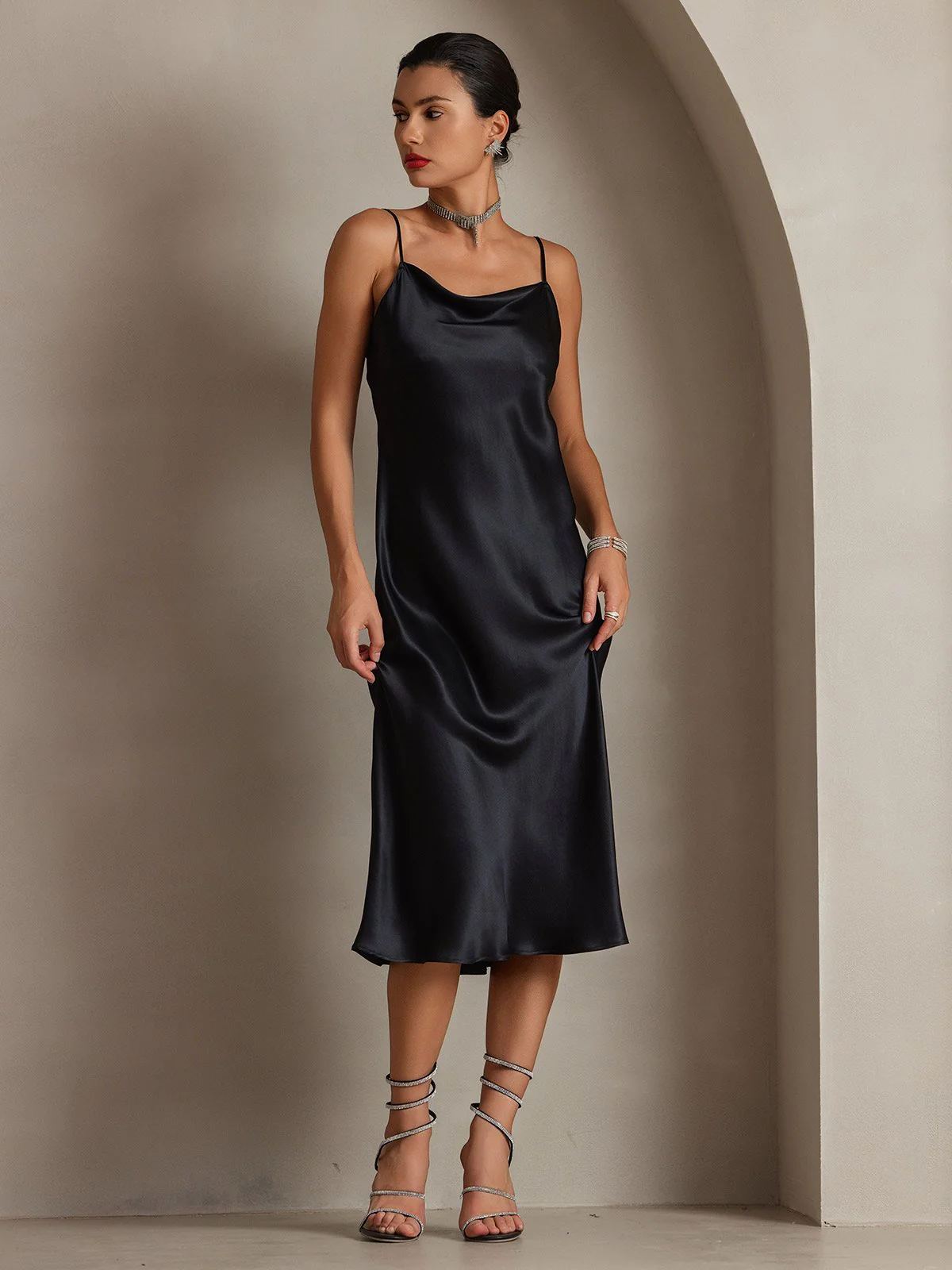 Pure Silk Cowl Neck Midi Dress - Image 23