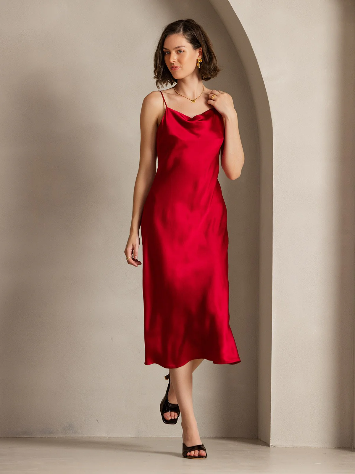 Pure Silk Cowl Neck Midi Dress - Image 31