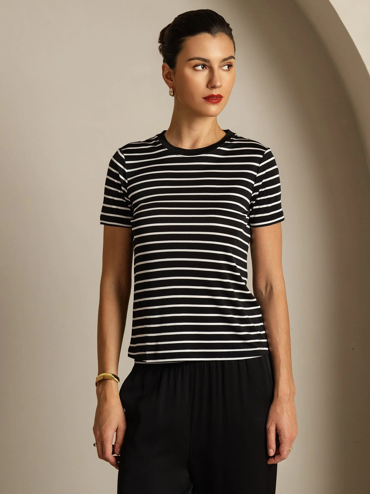 Pure Silk Crew Neck Short Sleeve Women's Sport Stripe Print T-Shirt - Image 11