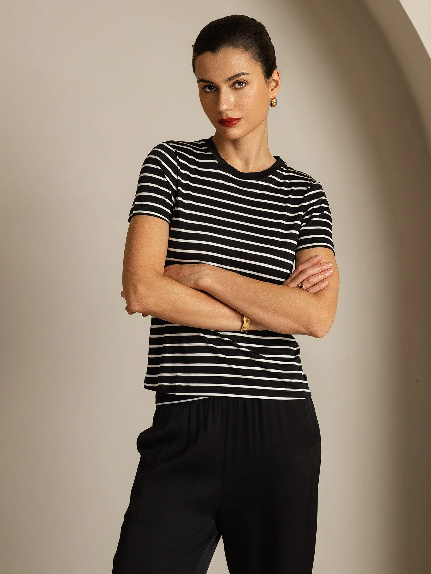 Pure Silk Crew Neck Short Sleeve Women's Sport Stripe Print T-Shirt - Image 13