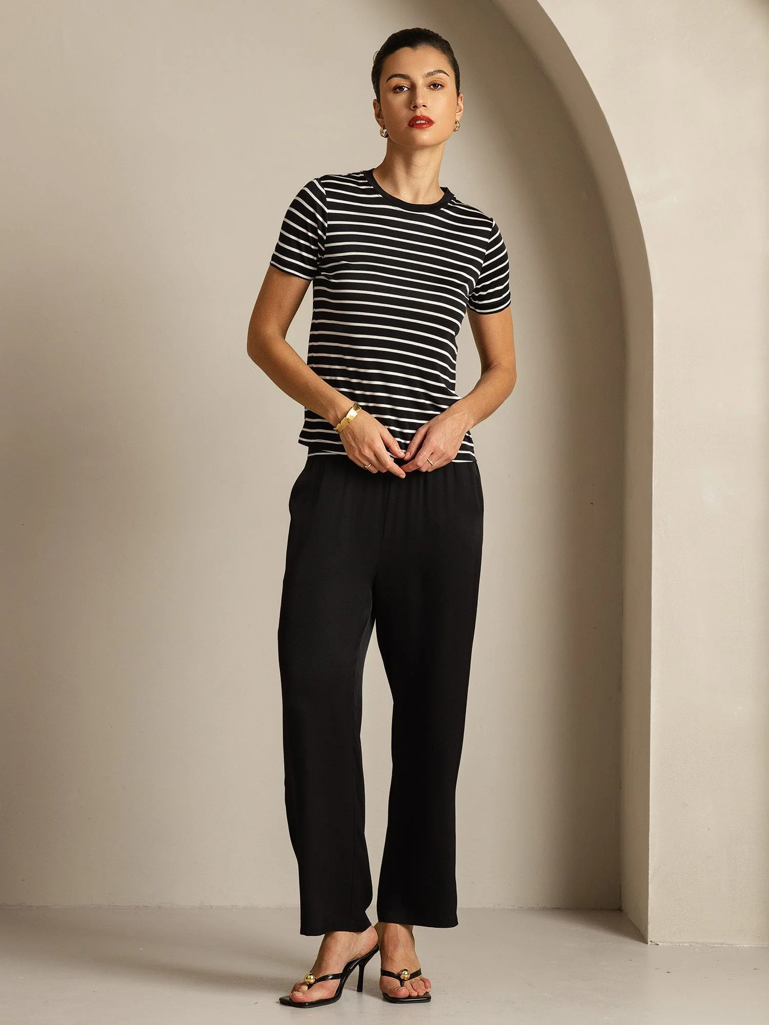 Pure Silk Crew Neck Short Sleeve Women's Sport Stripe Print T-Shirt - Image 16