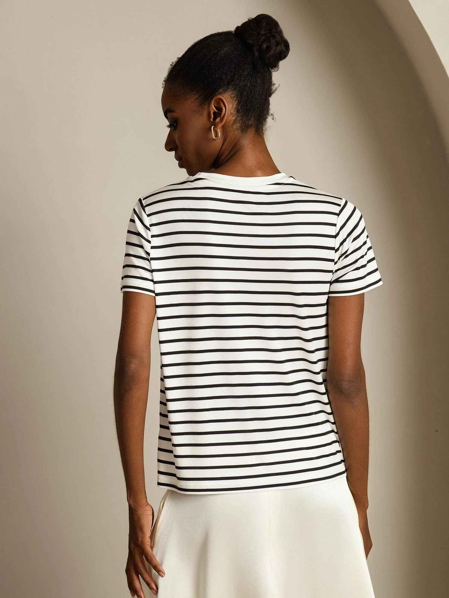 Pure Silk Crew Neck Short Sleeve Women's Sport Stripe Print T-Shirt - Image 2