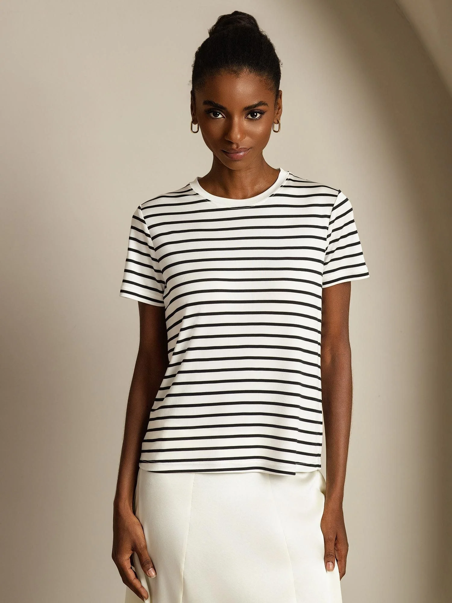 Pure Silk Crew Neck Short Sleeve Women's Sport Stripe Print T-Shirt - Image 3