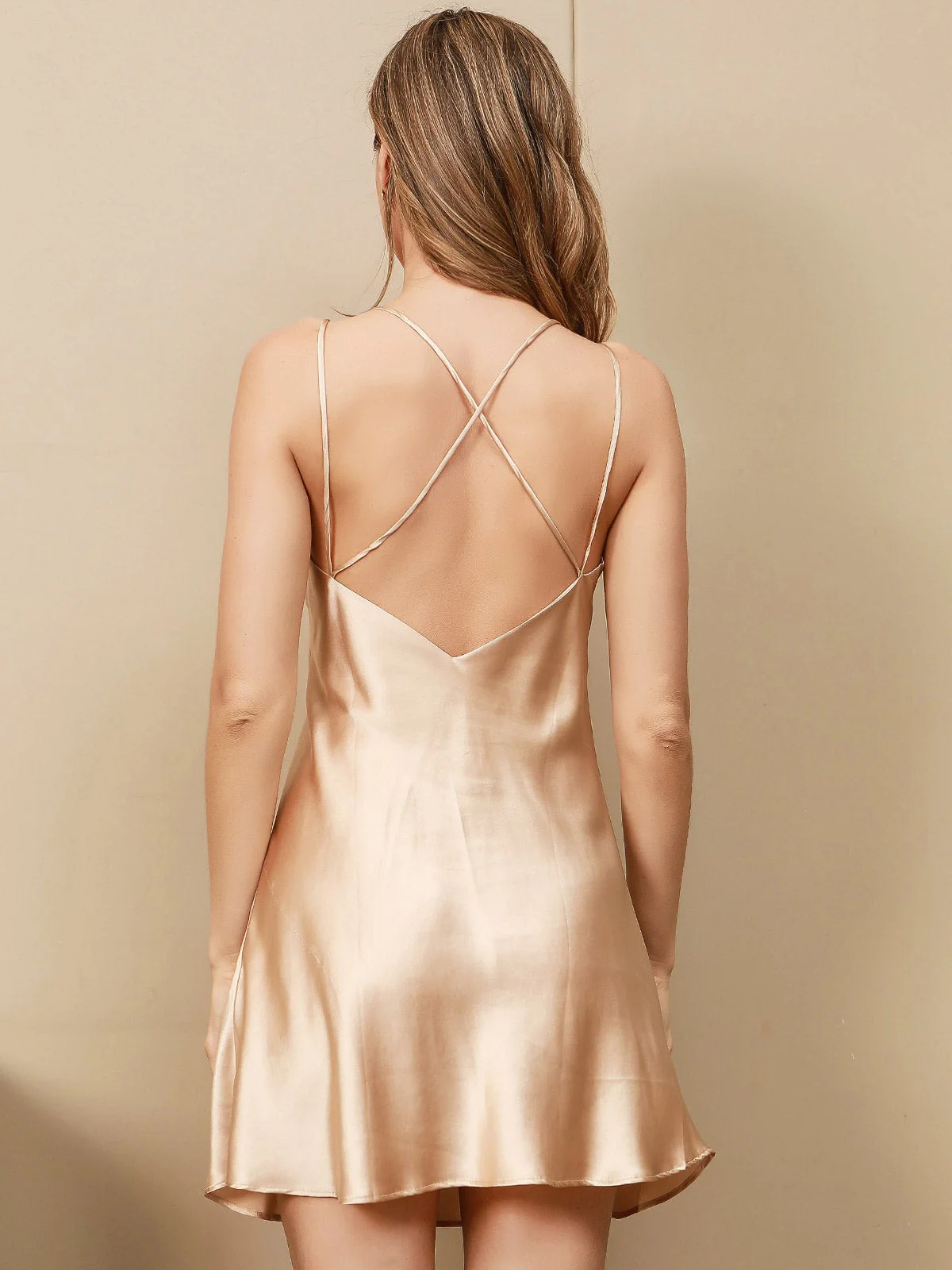 Pure Silk Spaghetti Strap V-neck Short Dress with Criss Cross Back Design - Image 34
