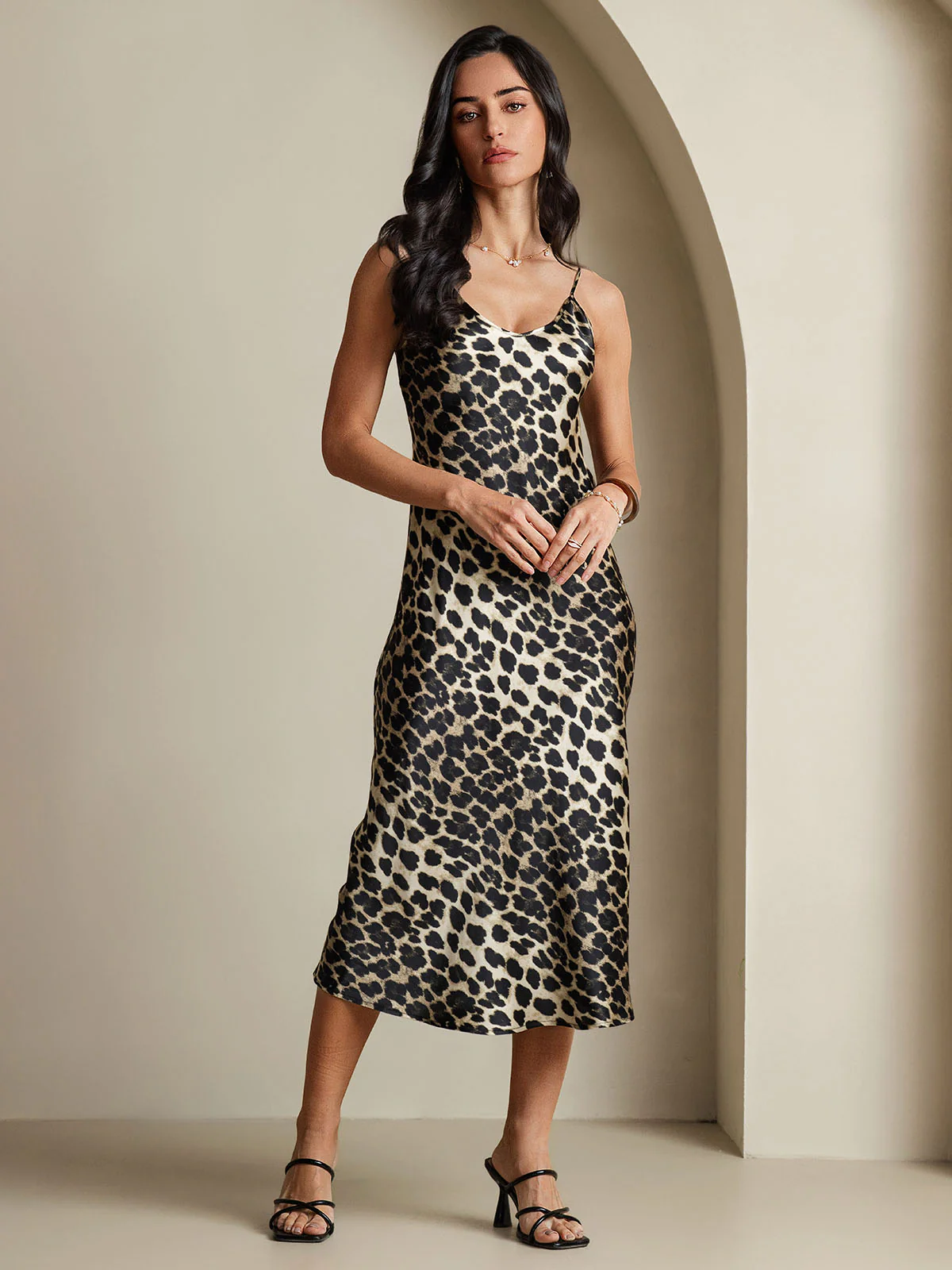 Pure Silk Leopard Print Spaghetti Strap V Neck Midi Dress - Image 3