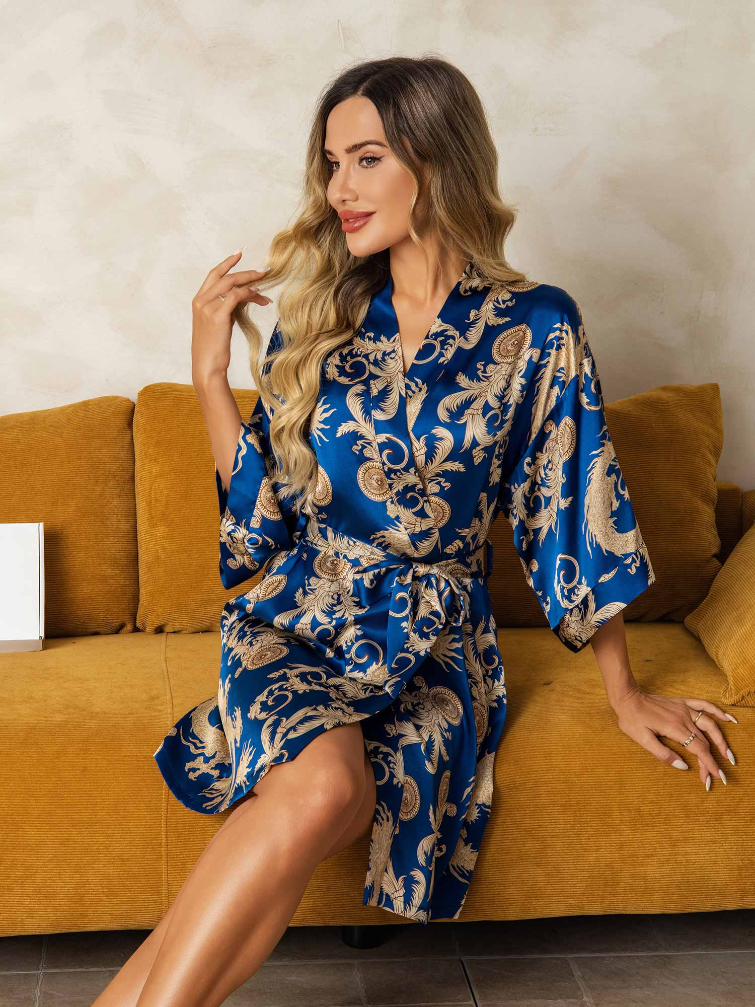 Pure Silk Dragon Print 3/4 Sleeve Women's Kimono Robe With Belt - Image 4