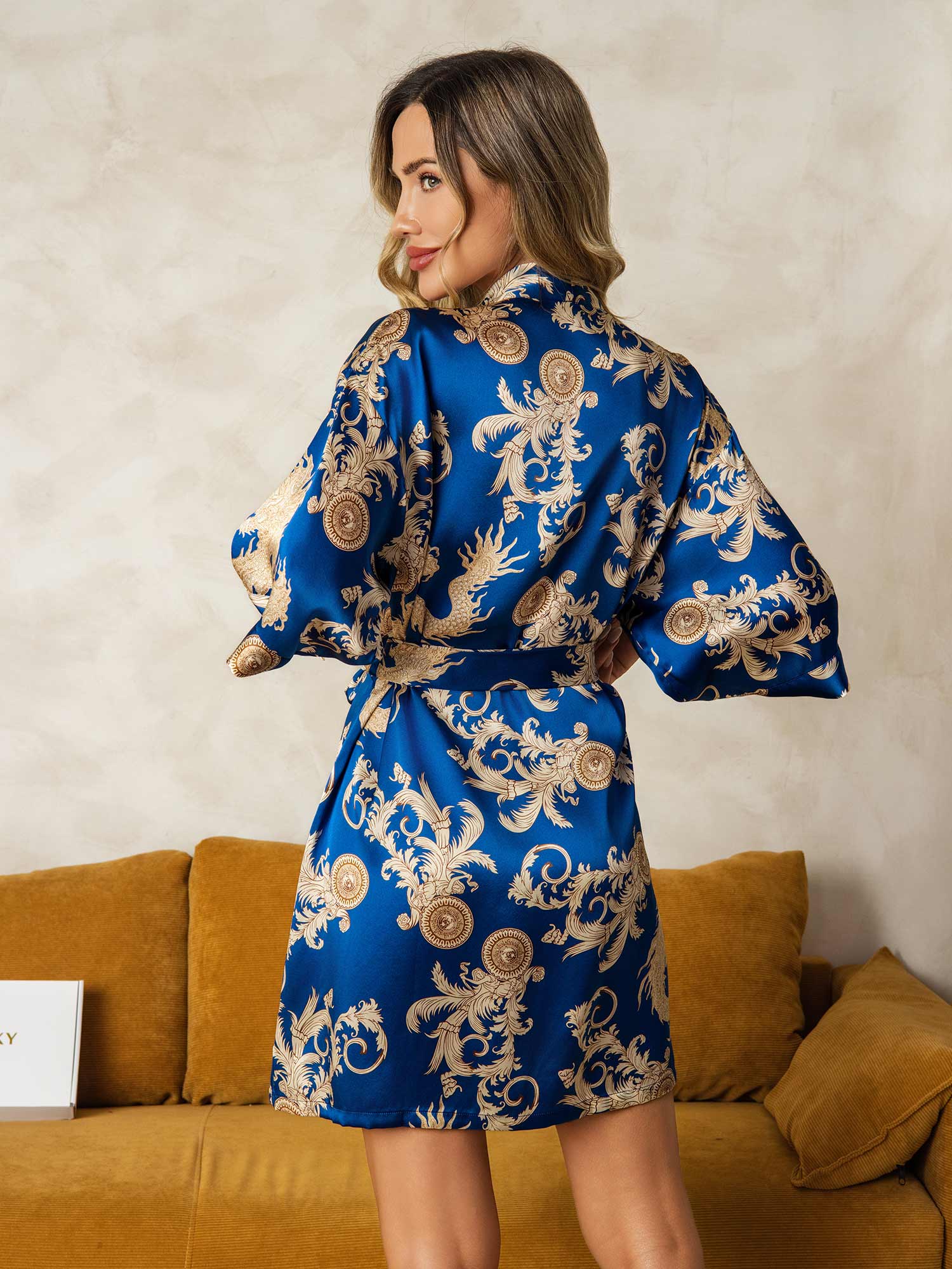 Pure Silk Dragon Print 3/4 Sleeve Women's Kimono Robe With Belt - Image 9