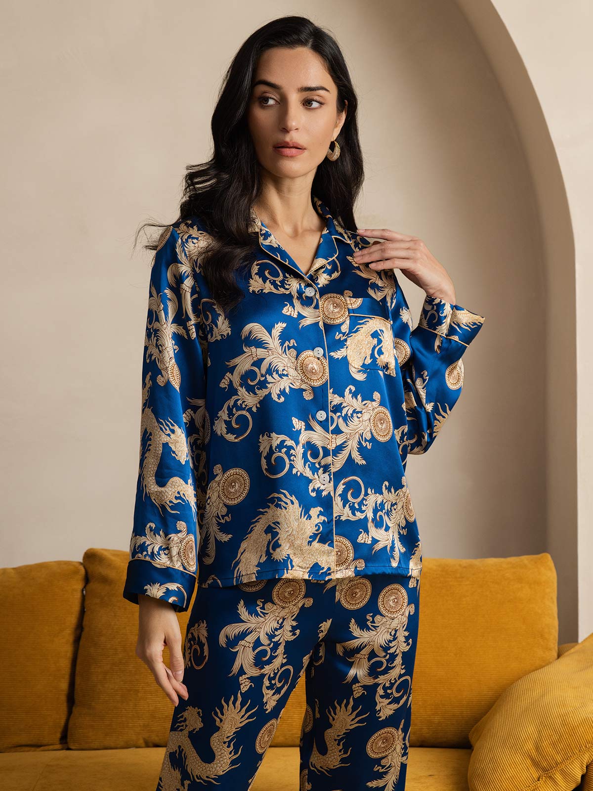 Pure Silk Dragon Print Long Sleeve Notch Collar Women's Pajamas Set With Pants - Image 10